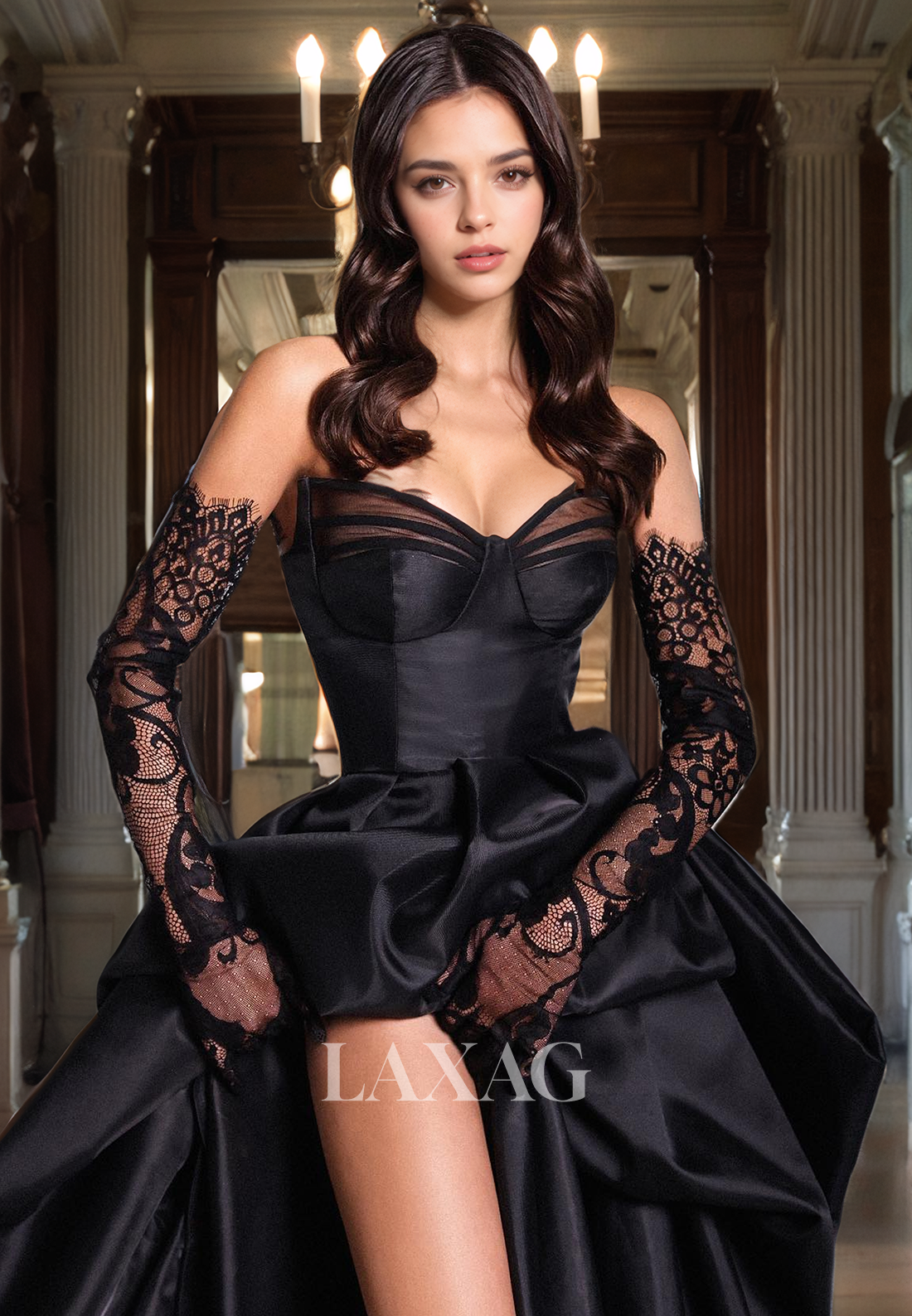 Sweetheart Off-Shoulder Satin A-Line Prom Dress Pleated High Slit Evening Gowns with Lace Gloves