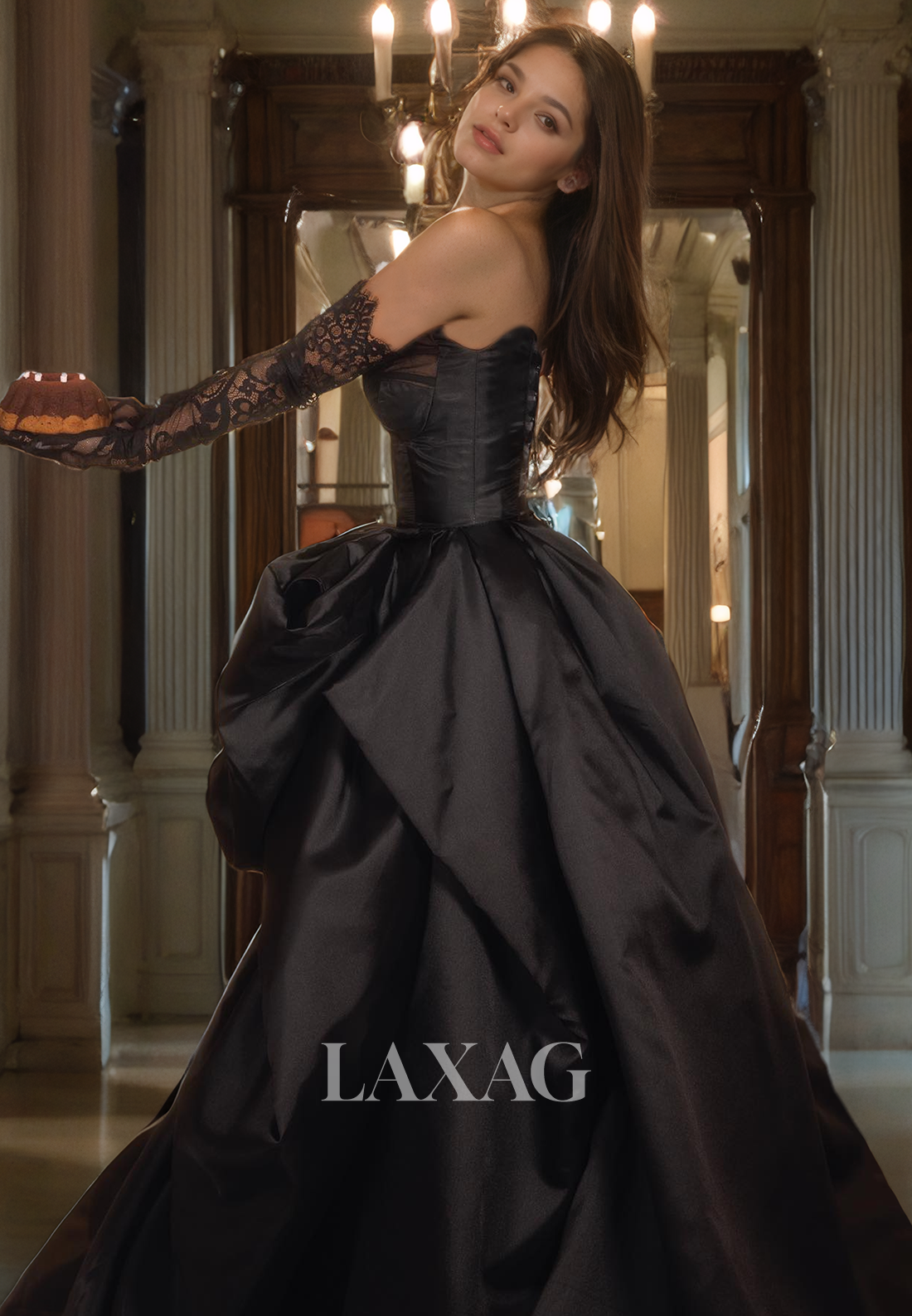 Sweetheart Off-Shoulder Satin A-Line Prom Dress Pleated High Slit Evening Gowns with Lace Gloves