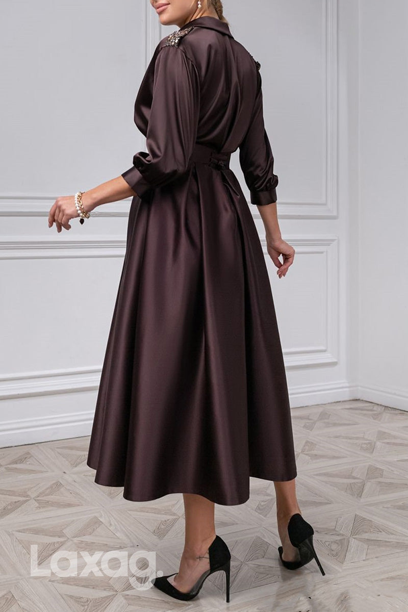 22964 - A-Line V-Neck Quarter Sleeves Beaded Ankle-Length Cocktail Party Formal Evening Dress