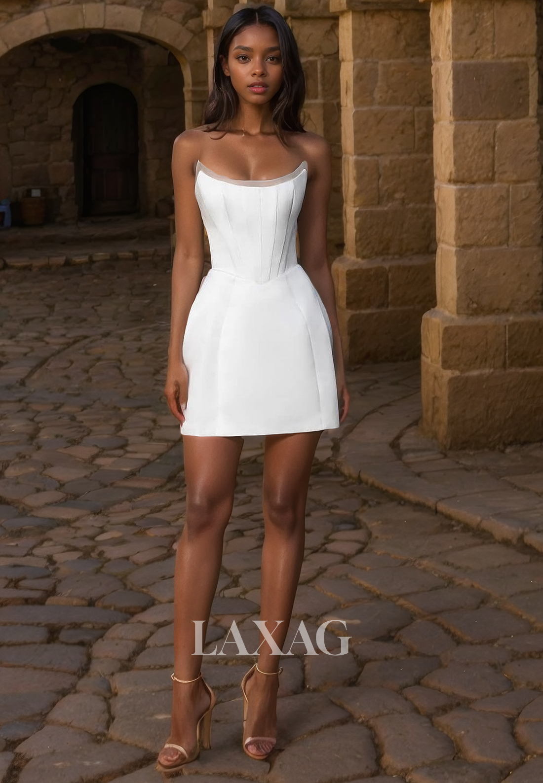 Tube Top Strapless Beach Wedding Dress Tulle Long-Sleeves Applique Short Bride Gowns
