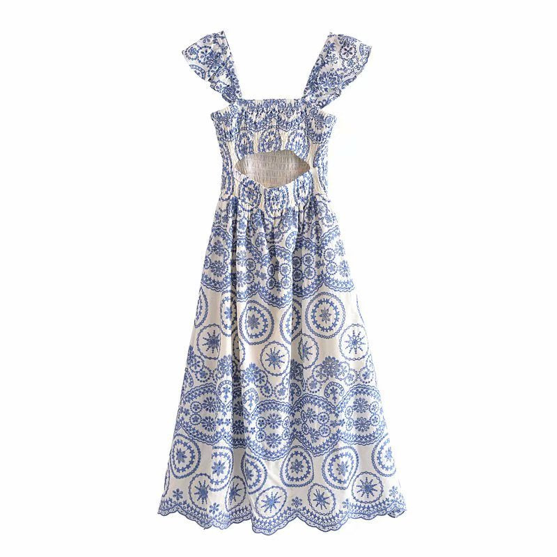 Smocked Ruffle Strap Medallion Embroidery Waist Cut Out Scalloped Hem Midi Dress