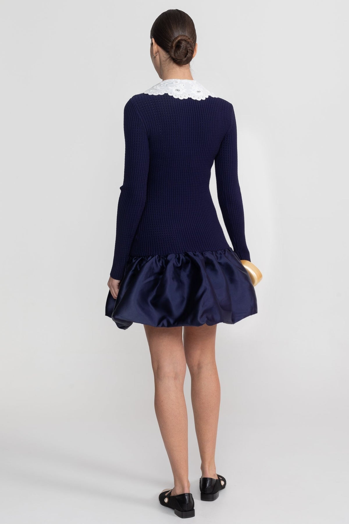 Lace Collar Long Sleeve Ribbed Knit Bubble Hem Mini Dress 7