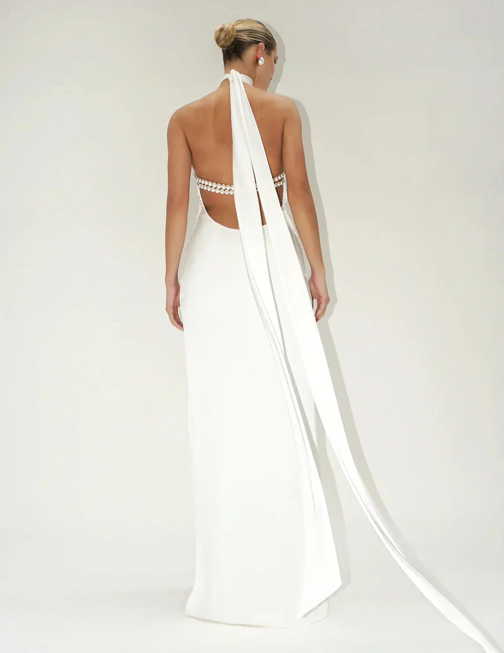 Satin Halter Neck Backless Pearl Strap Maxi Gown