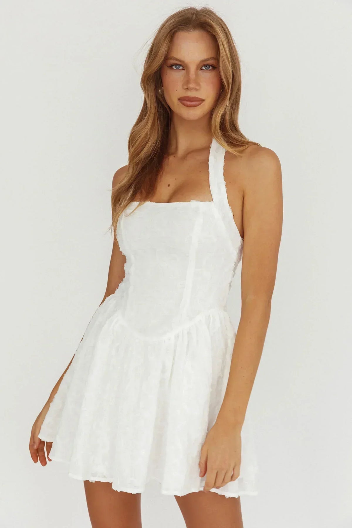 Floral Applique Square Neck Halter Fit and Flare Mini Dress 4