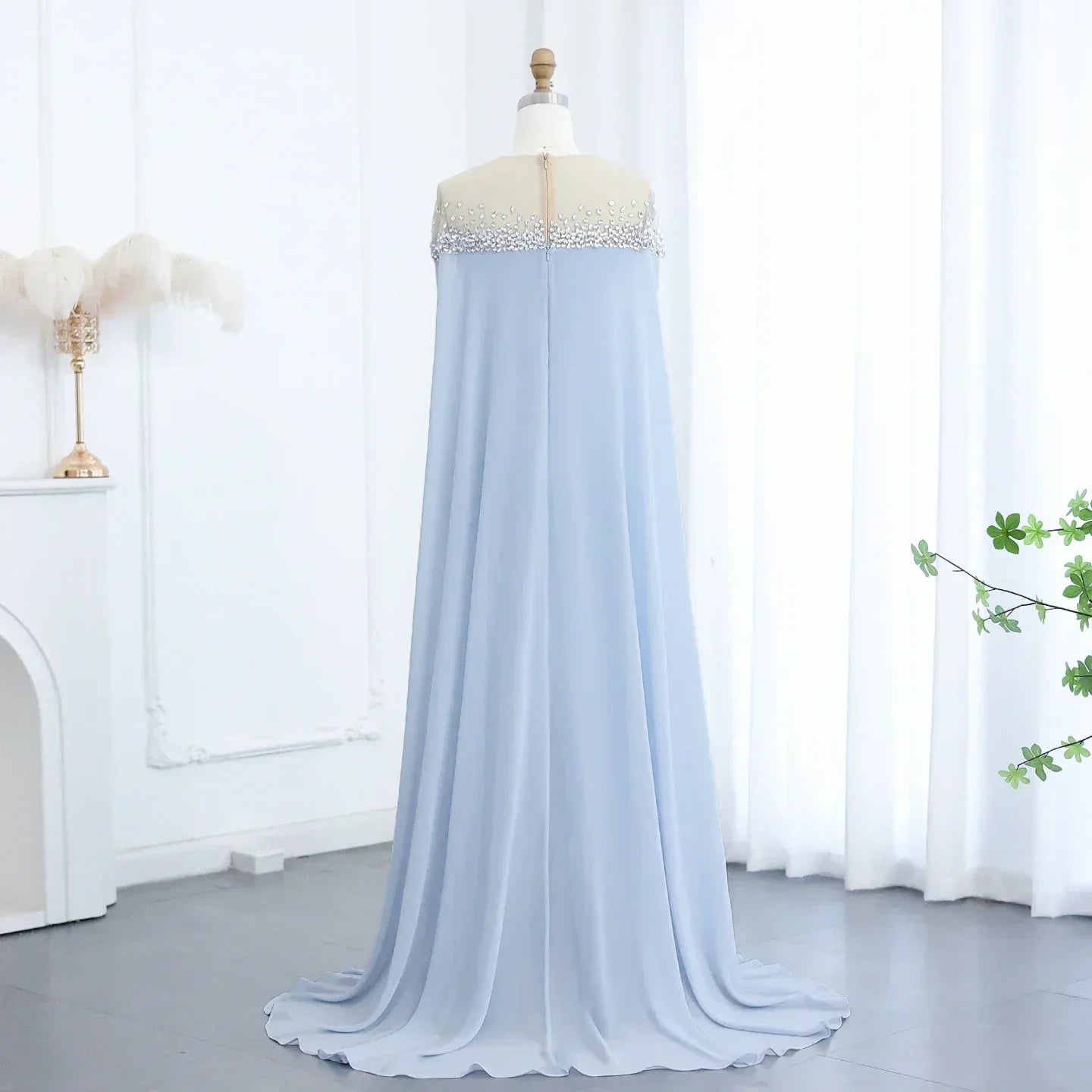 Rhinestone Beaded Illusion Neck Cape Sleeve Chiffon Maxi Gown