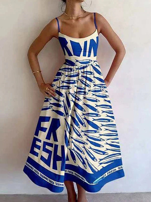 Vintage Sardine Print Suspender Dress Blue