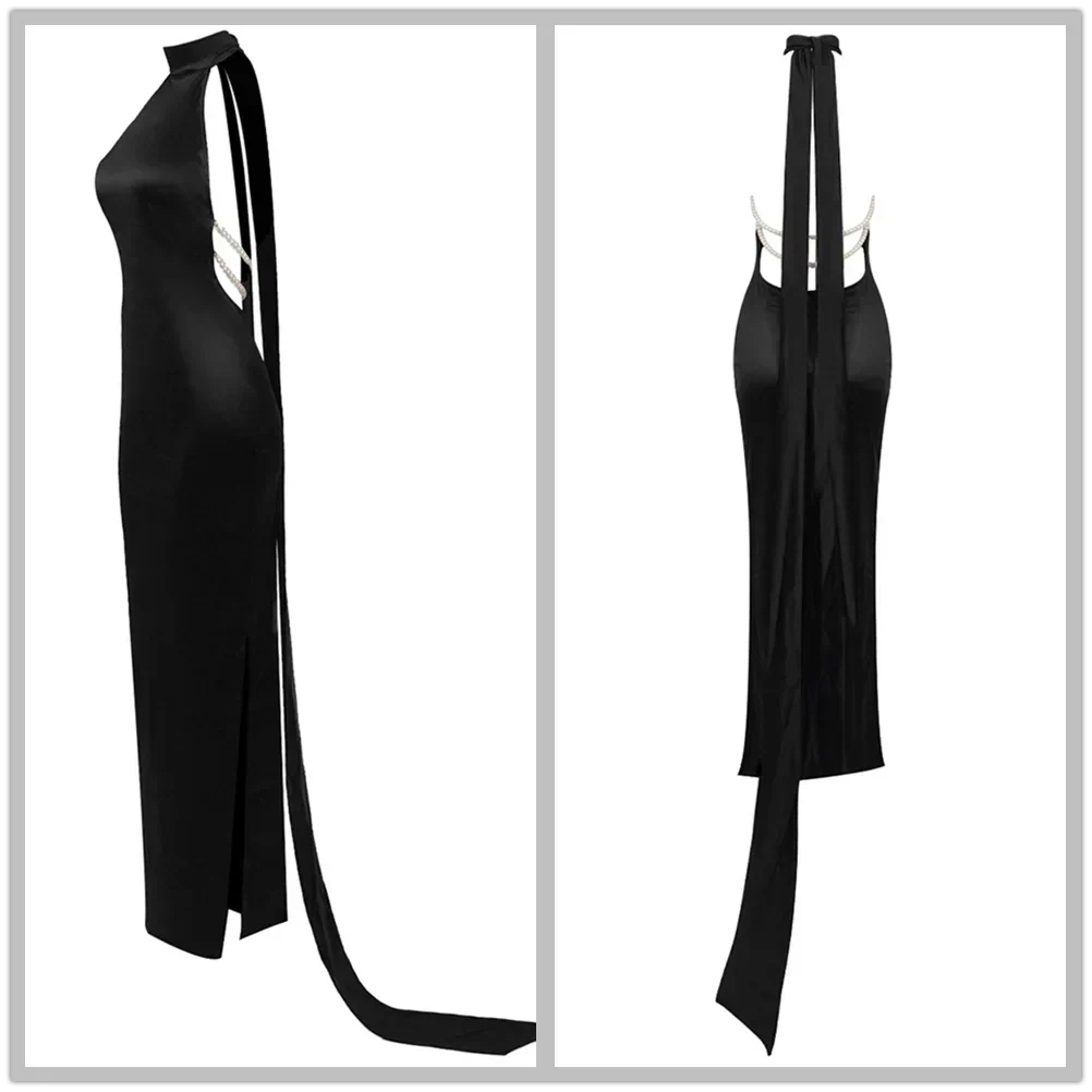 Satin Halter Neck Backless Pearl Strap Maxi Gown