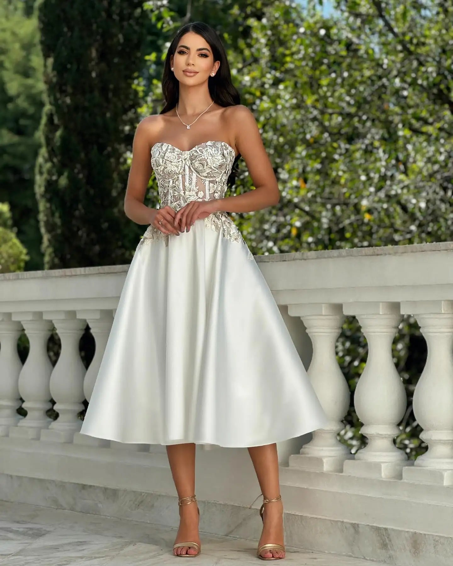 Satin Strapless Floral Applique Corset Ball Gown