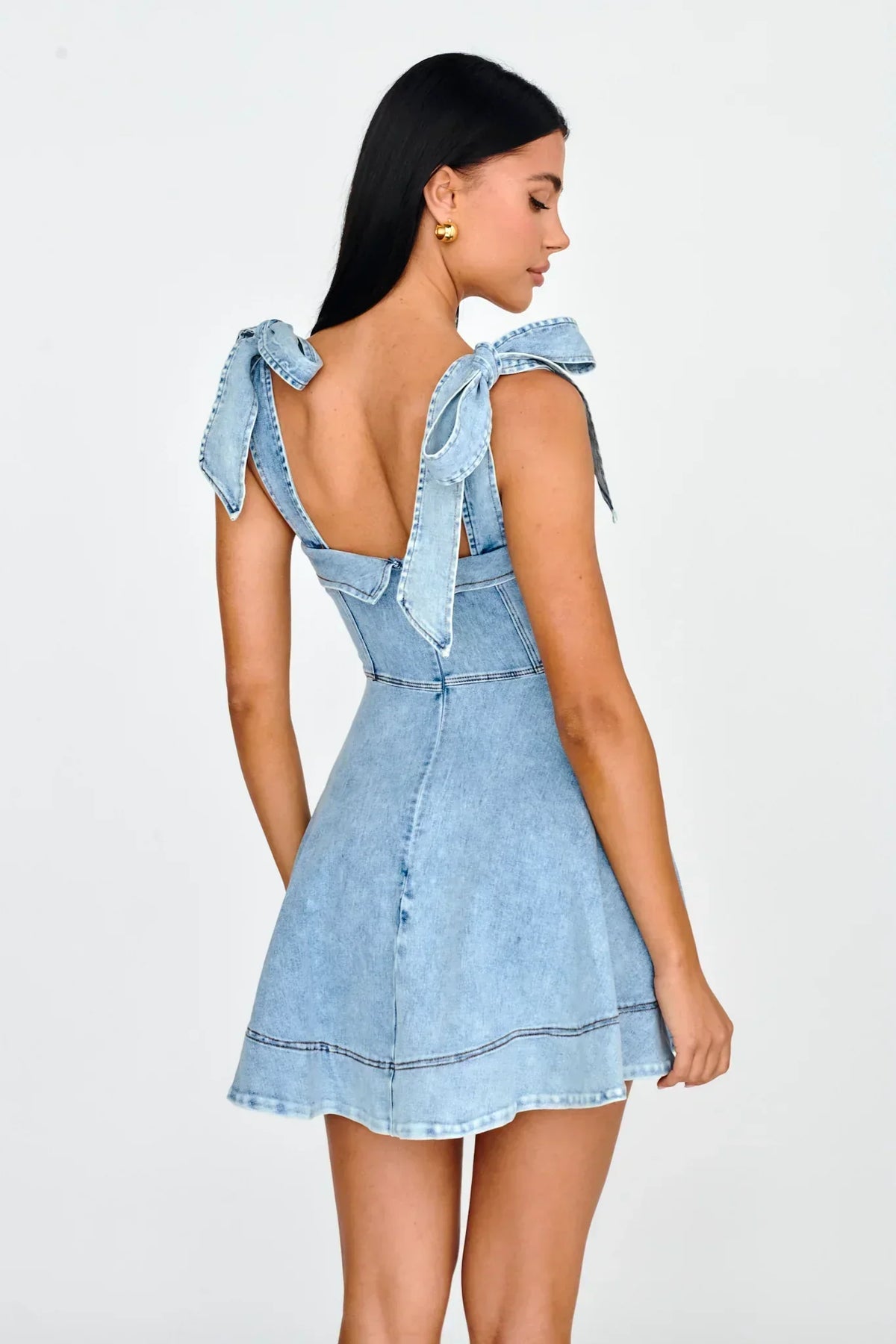 Denim-Look Square Neck Tie Shoulder Fit and Flare Mini Dress 2