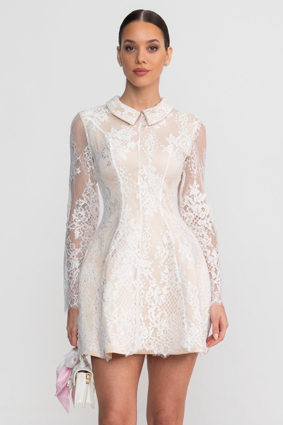 Collared Sheer Long Sleeve Lace Structured Waist Mini Dress