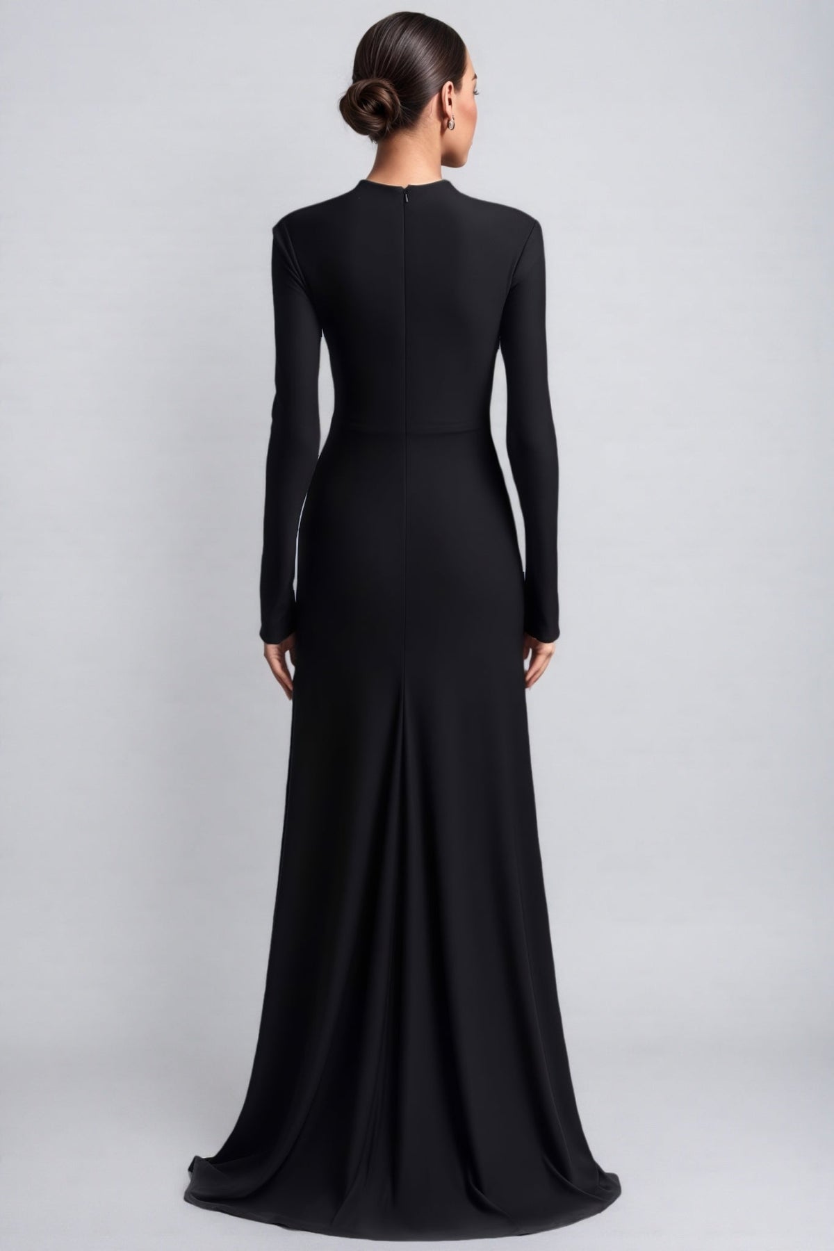 Mock Neck Long Sleeve Ruched Rhinestone Leaf Applique Maxi Gown 7