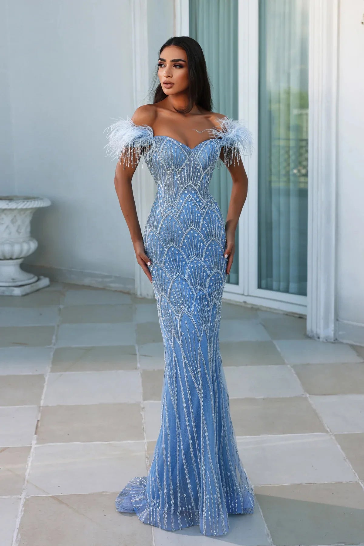Sequin Off Shoulder Feather Trim Mermaid Maxi Gown