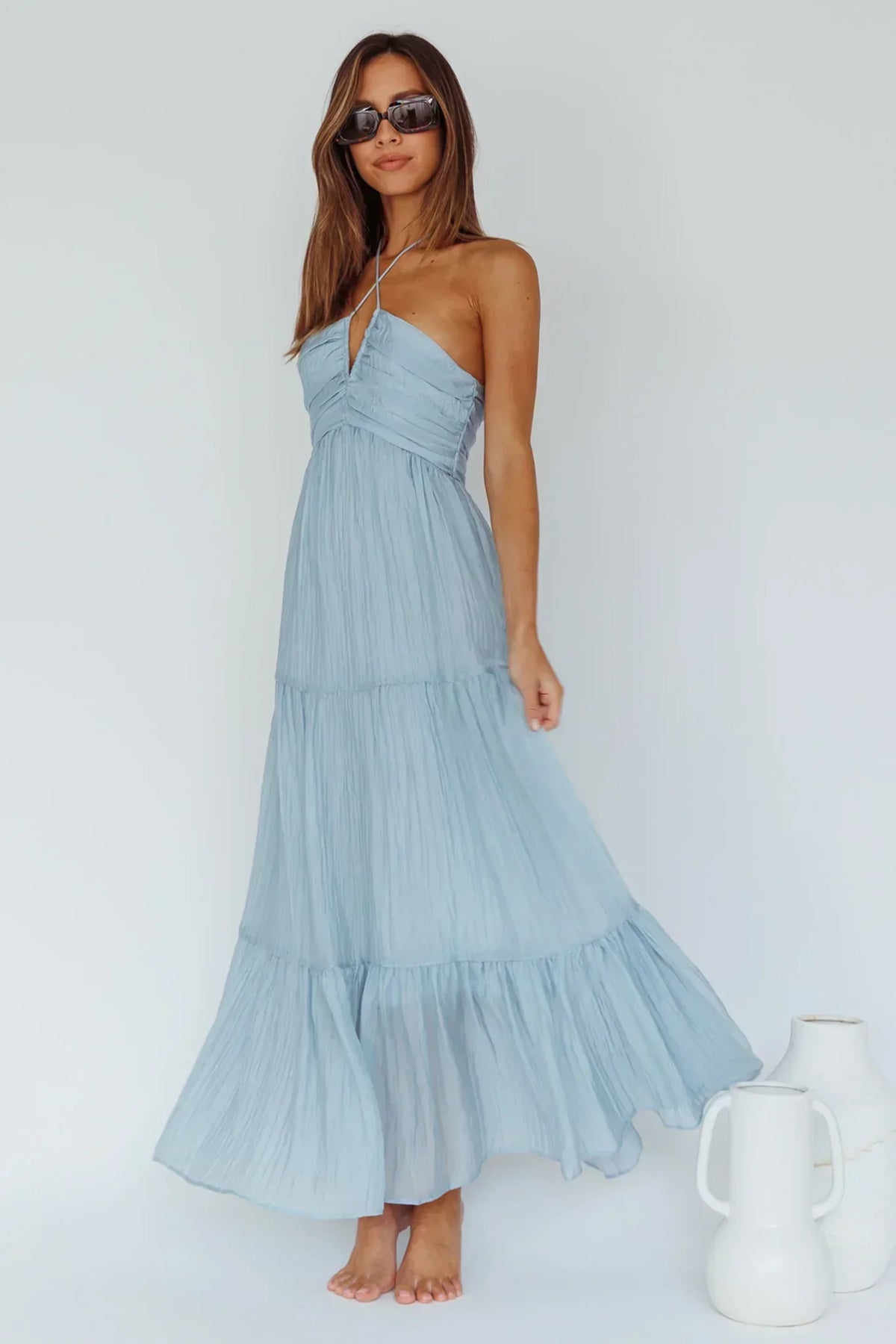 Ruched Halter Neck Keyhole Tiered Maxi Dress 5