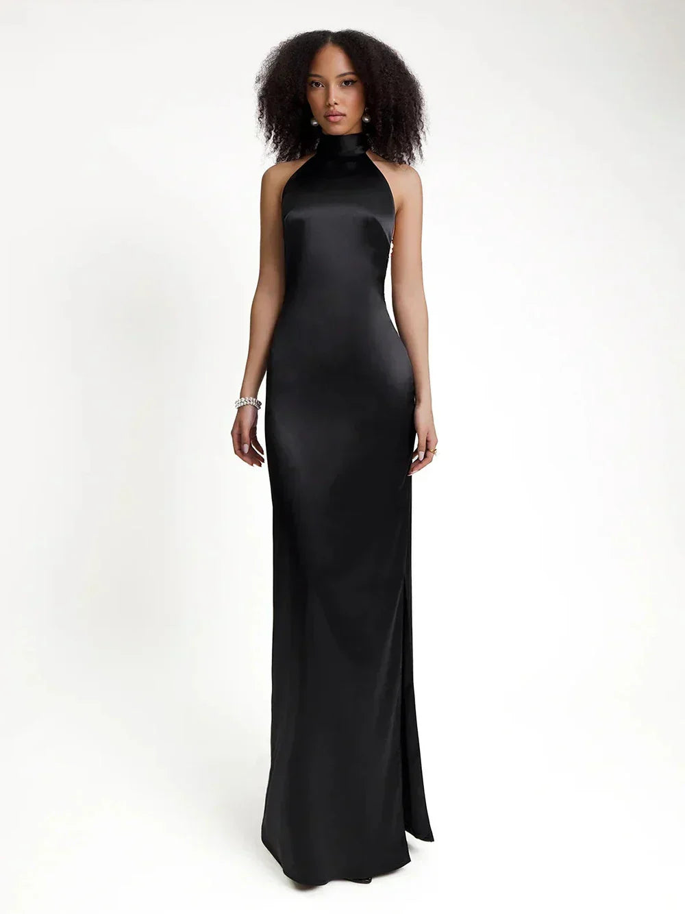 Satin Halter Neck Backless Pearl Strap Maxi Gown