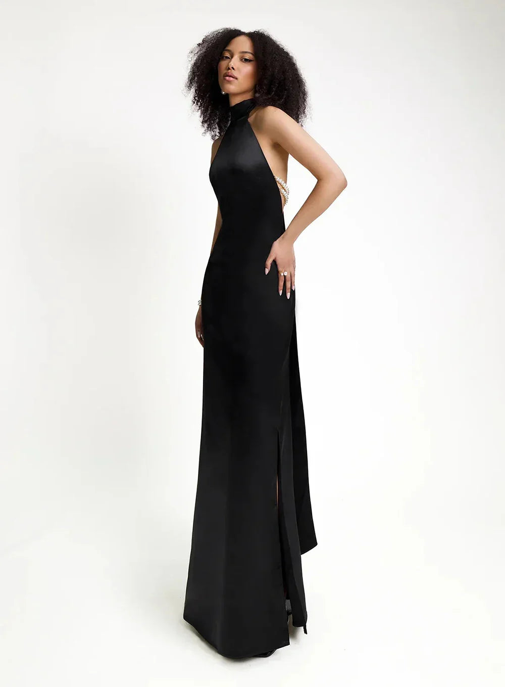 Satin Halter Neck Backless Pearl Strap Maxi Gown