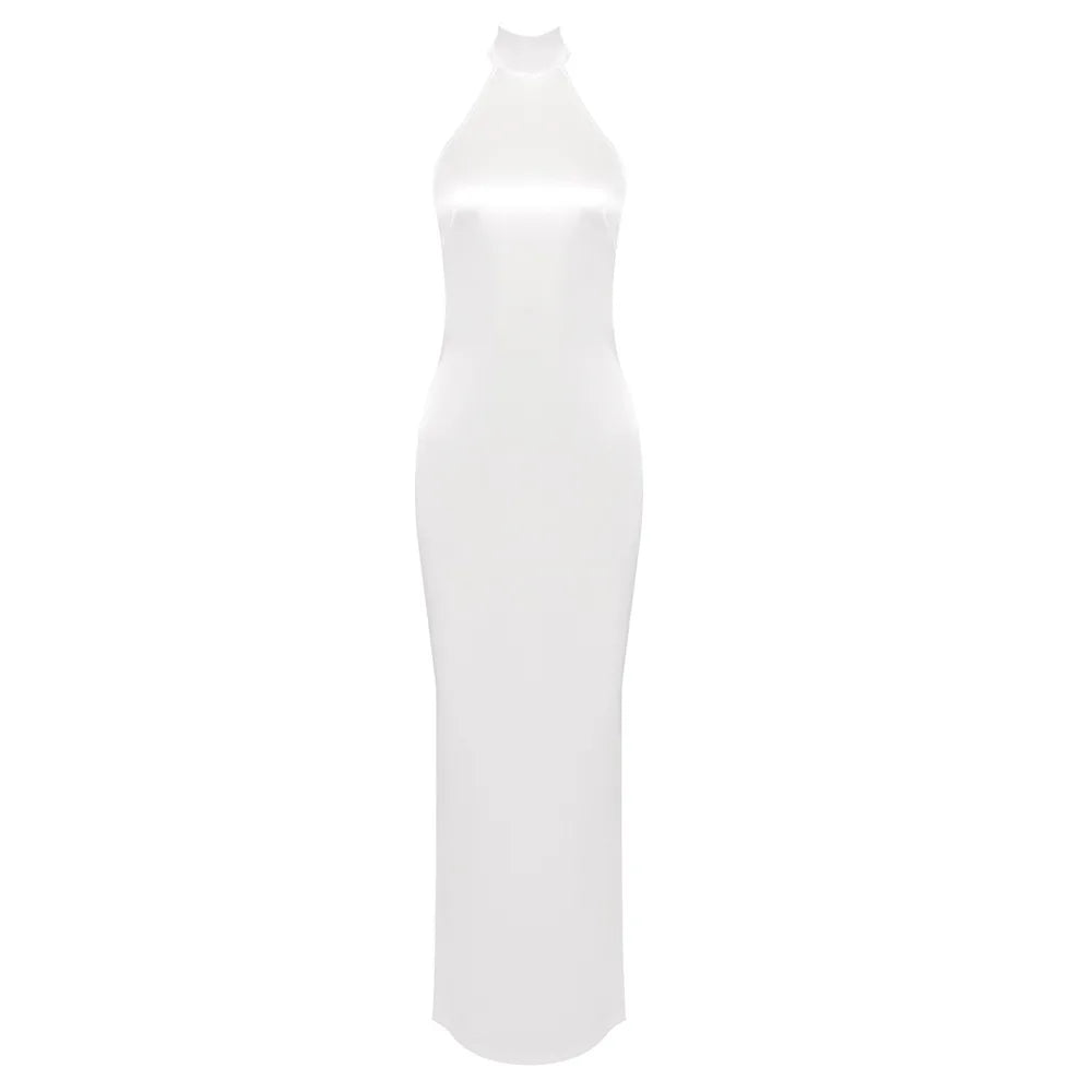 Satin Halter Neck Backless Pearl Strap Maxi Gown