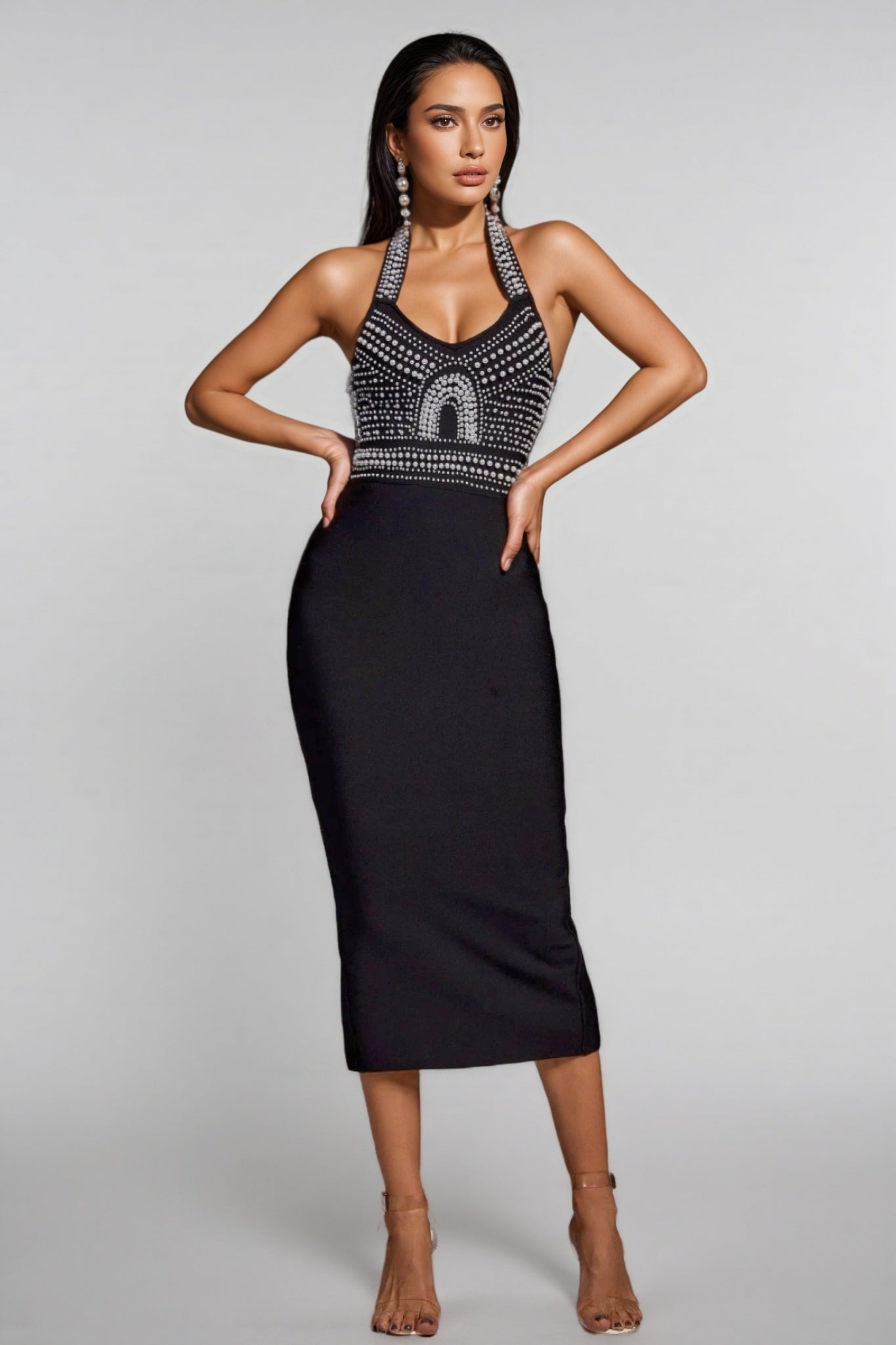 Pearl Beaded Halter Neck Bandage Midi Dress