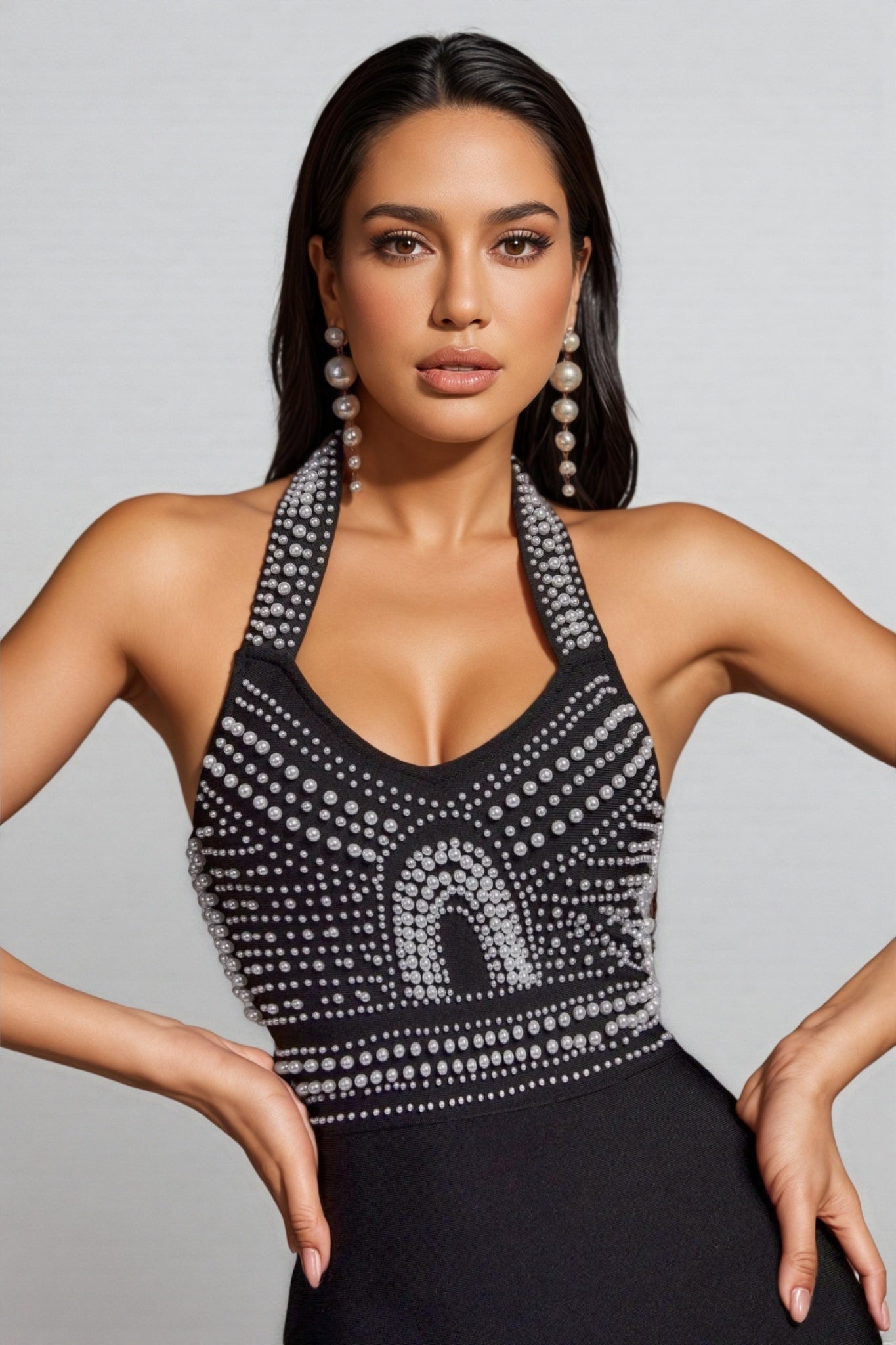 Pearl Beaded Halter Neck Bandage Midi Dress