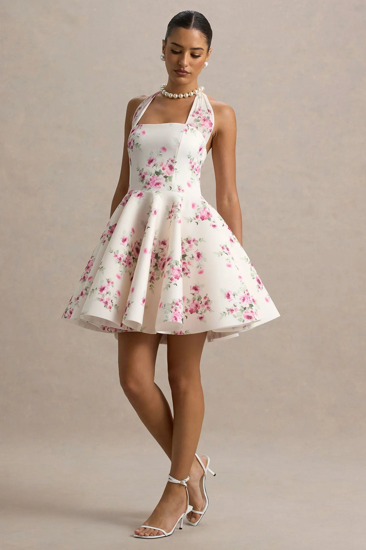 Floral Halter Neck Square Neckline Skater Mini Dress 4