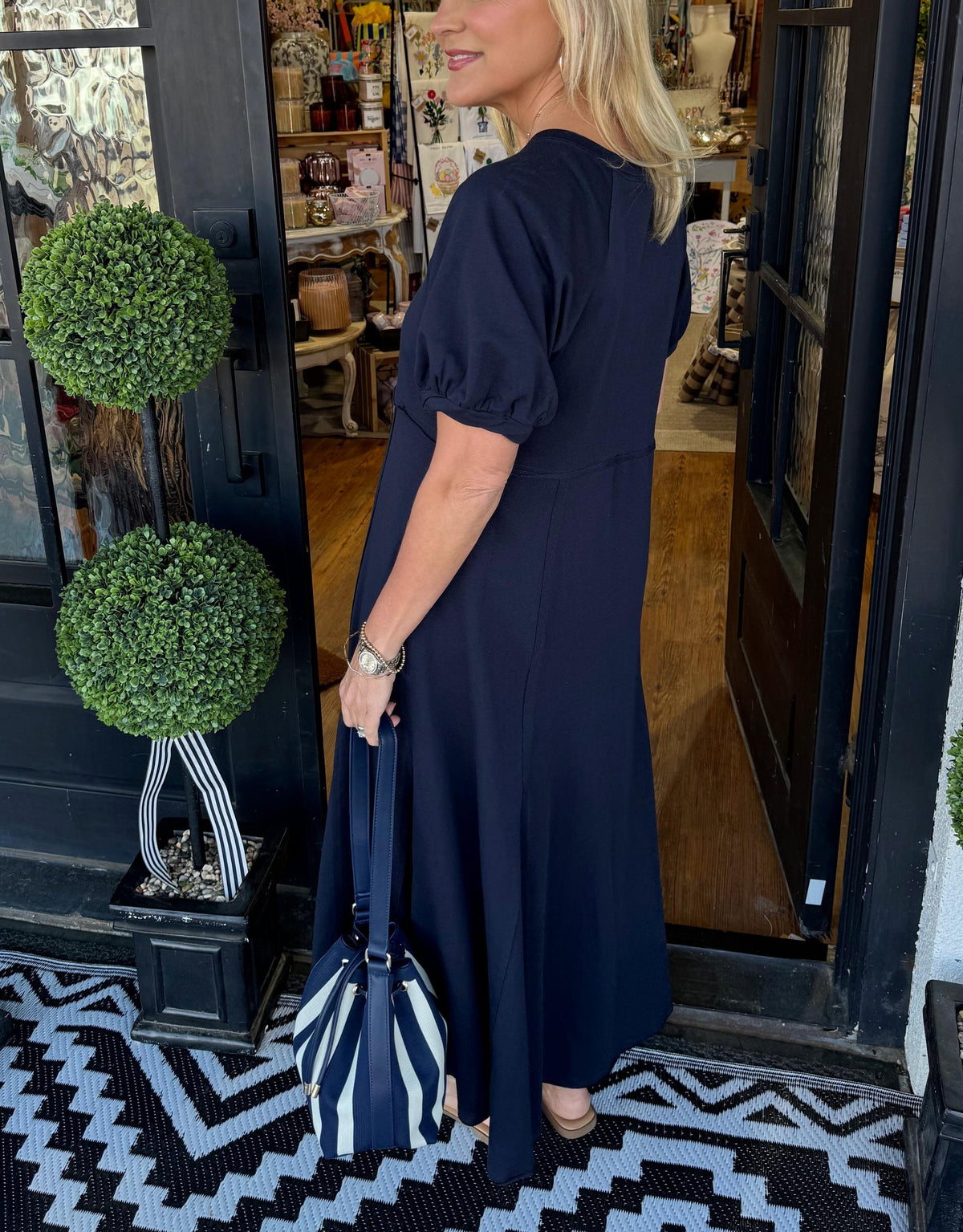 Round Neck Puff Sleeve Fit and Flare Midi Dress