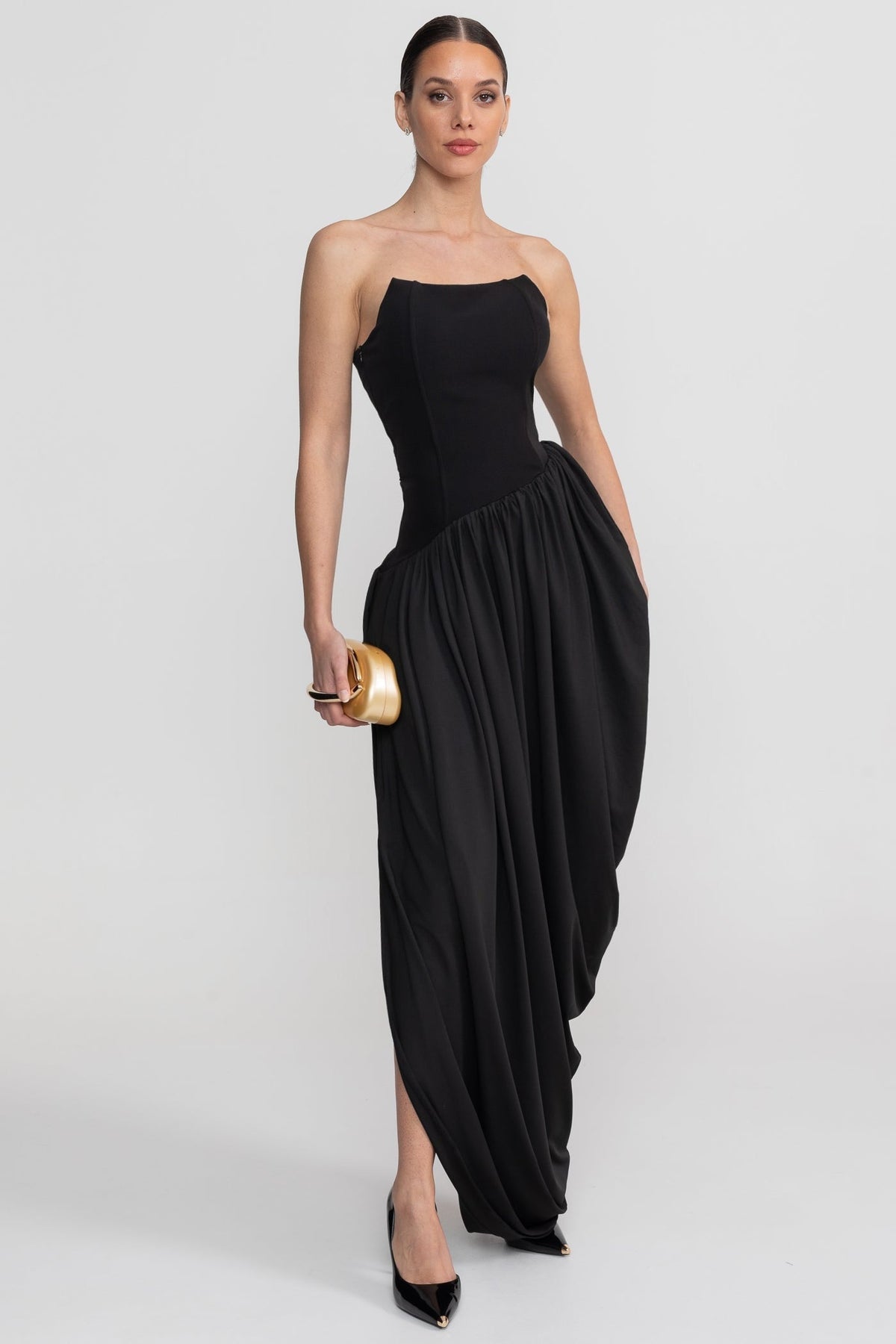 Strapless Corset Bodice Asymmetric Draped Skirt Maxi Dress 3