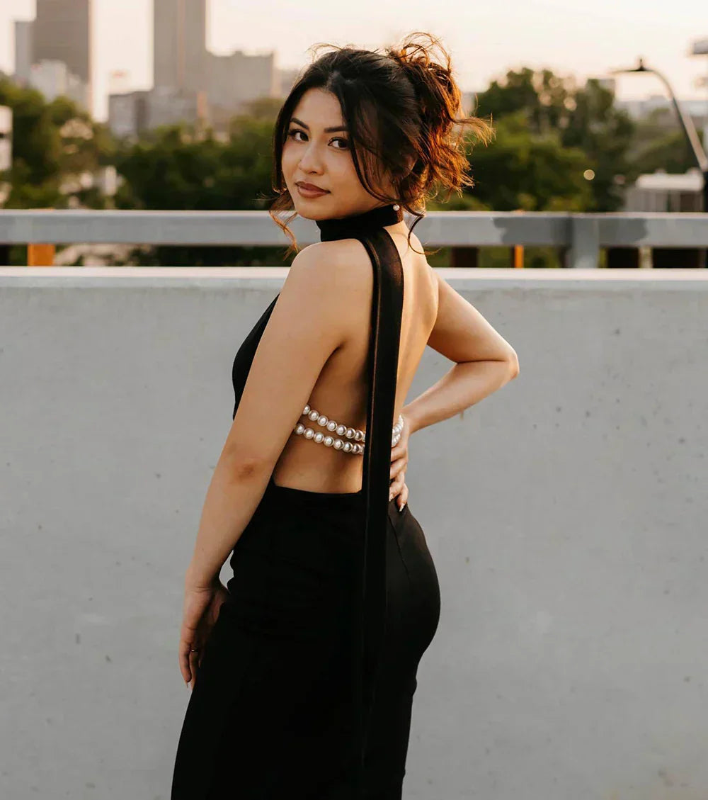 Satin Halter Neck Backless Pearl Strap Maxi Gown