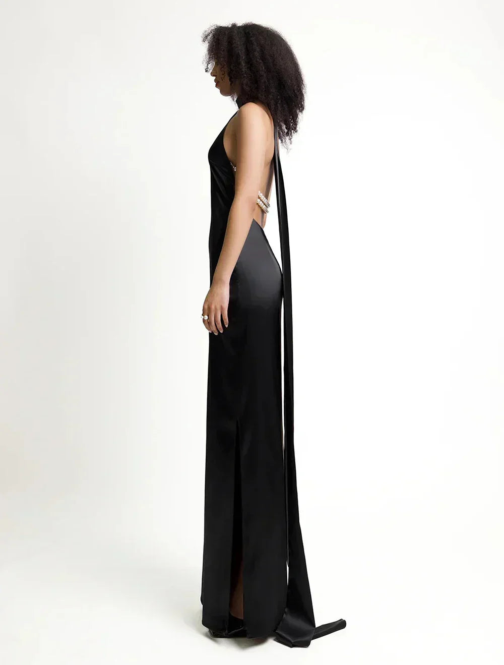 Satin Halter Neck Backless Pearl Strap Maxi Gown
