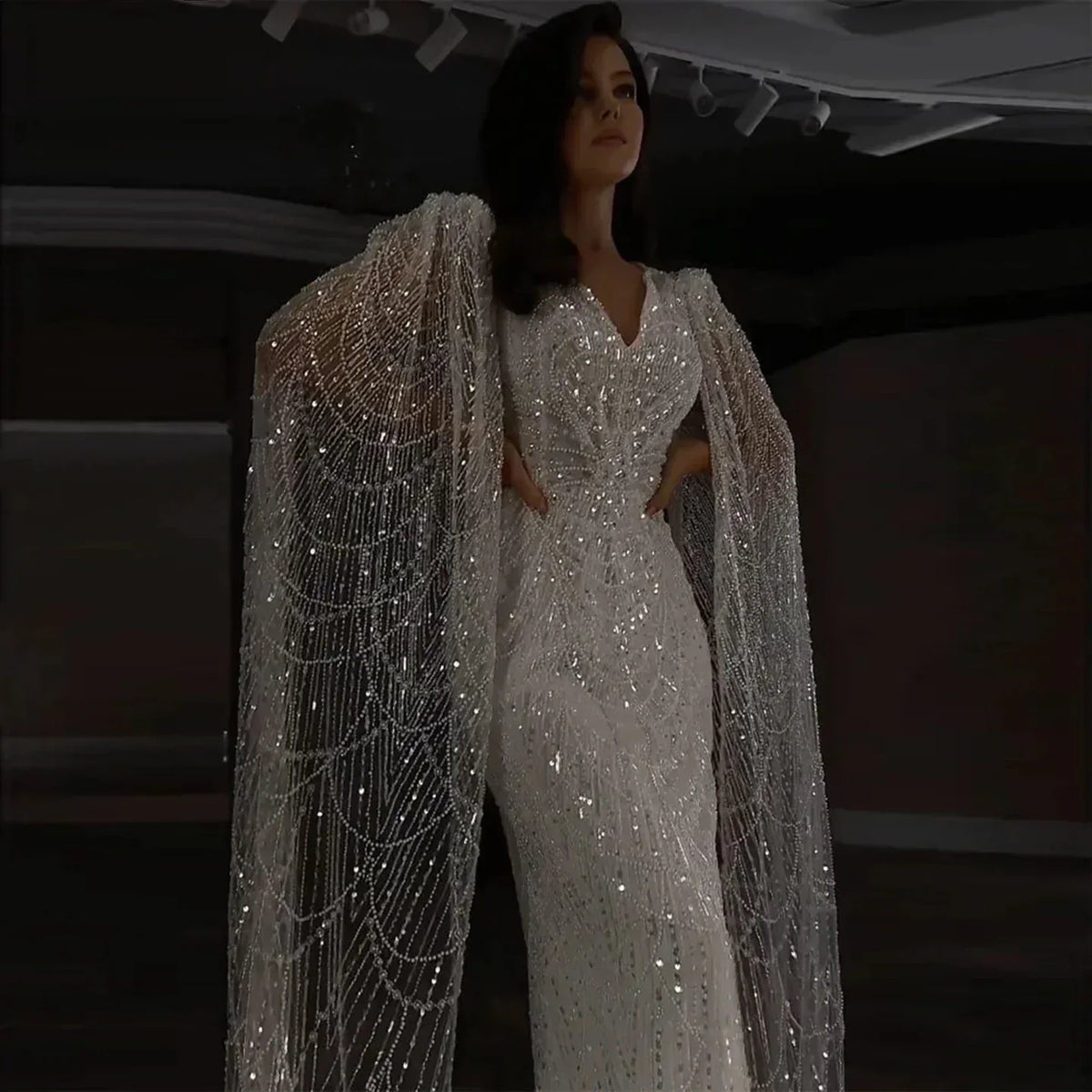 White Feather Mermaid Evening Dresses Cape Sleeves - View 2