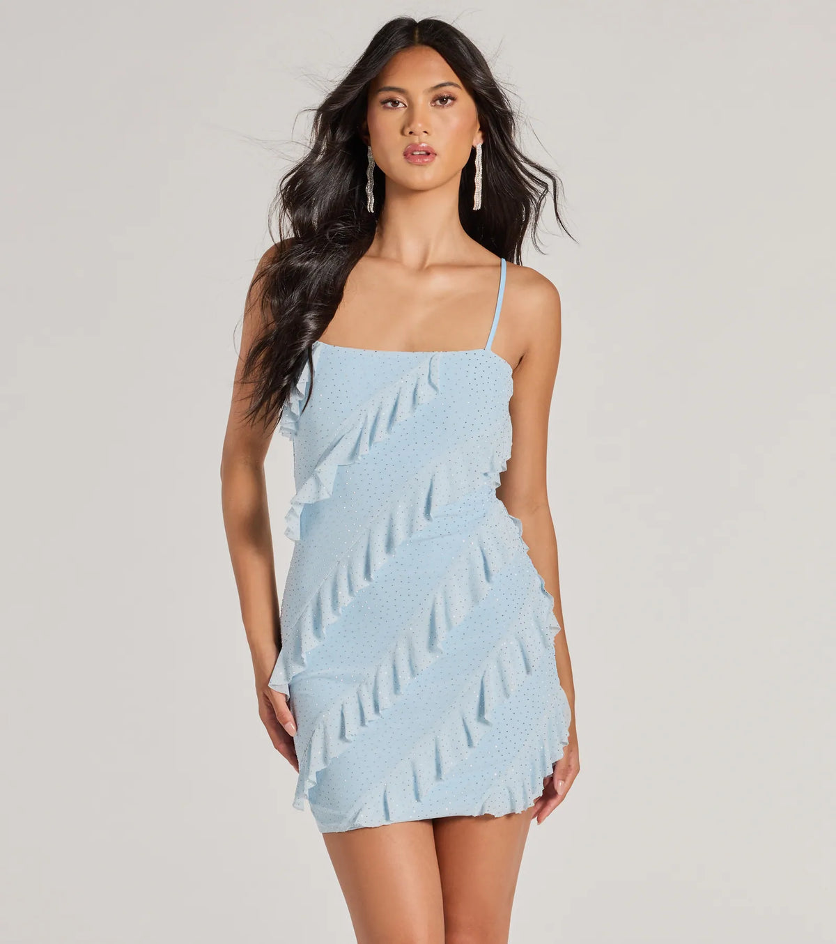 Rhinestone Mesh Straight Neck Diagonal Ruffle Bodycon Mini Dress