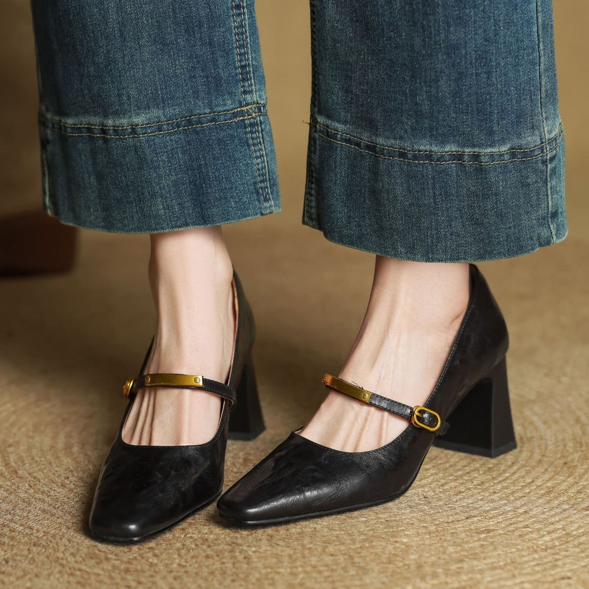 Square Toe Buckle Strap Block Heel Mary Jane Pumps