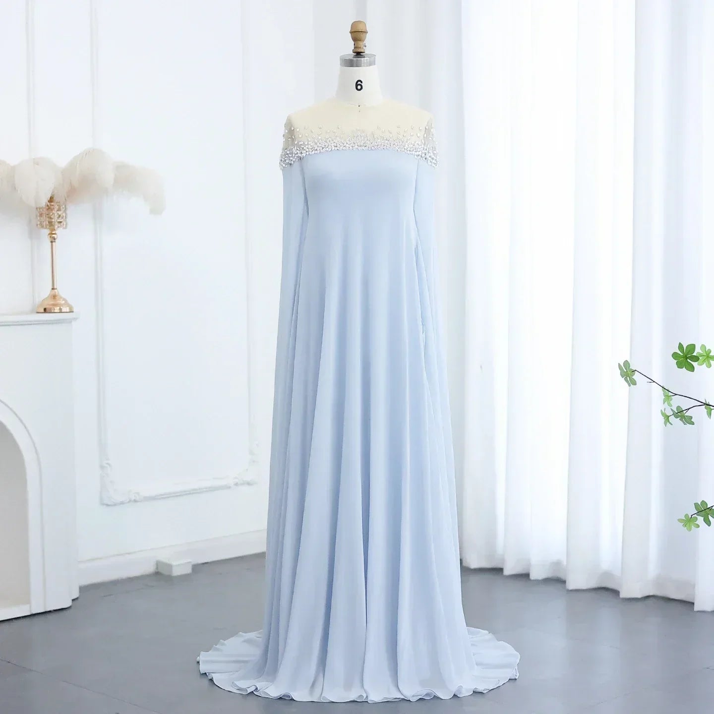 Rhinestone Beaded Illusion Neck Cape Sleeve Chiffon Maxi Gown