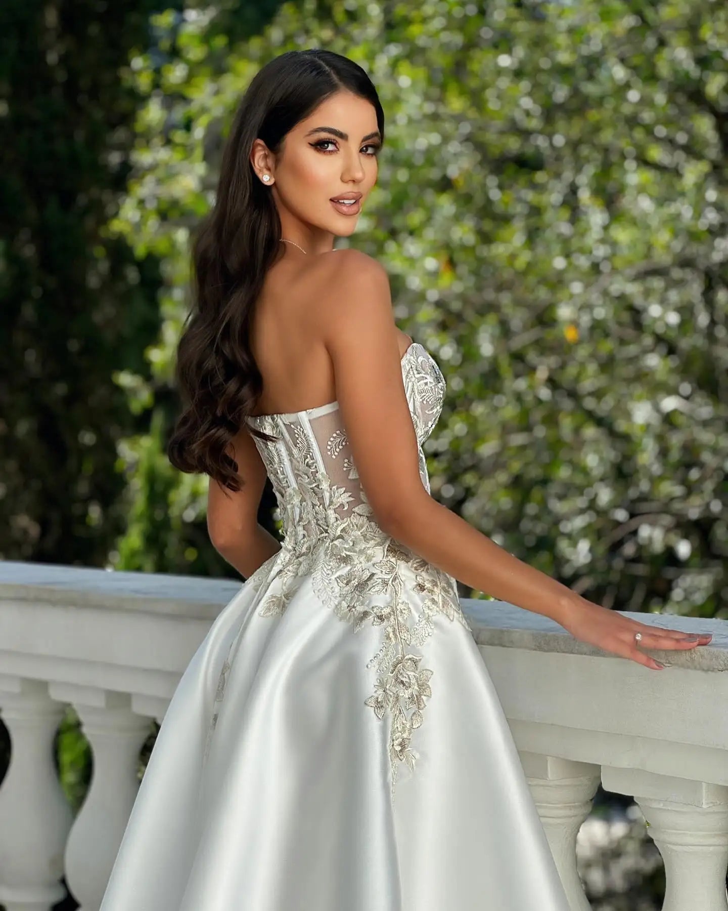 Satin Strapless Floral Applique Corset Ball Gown