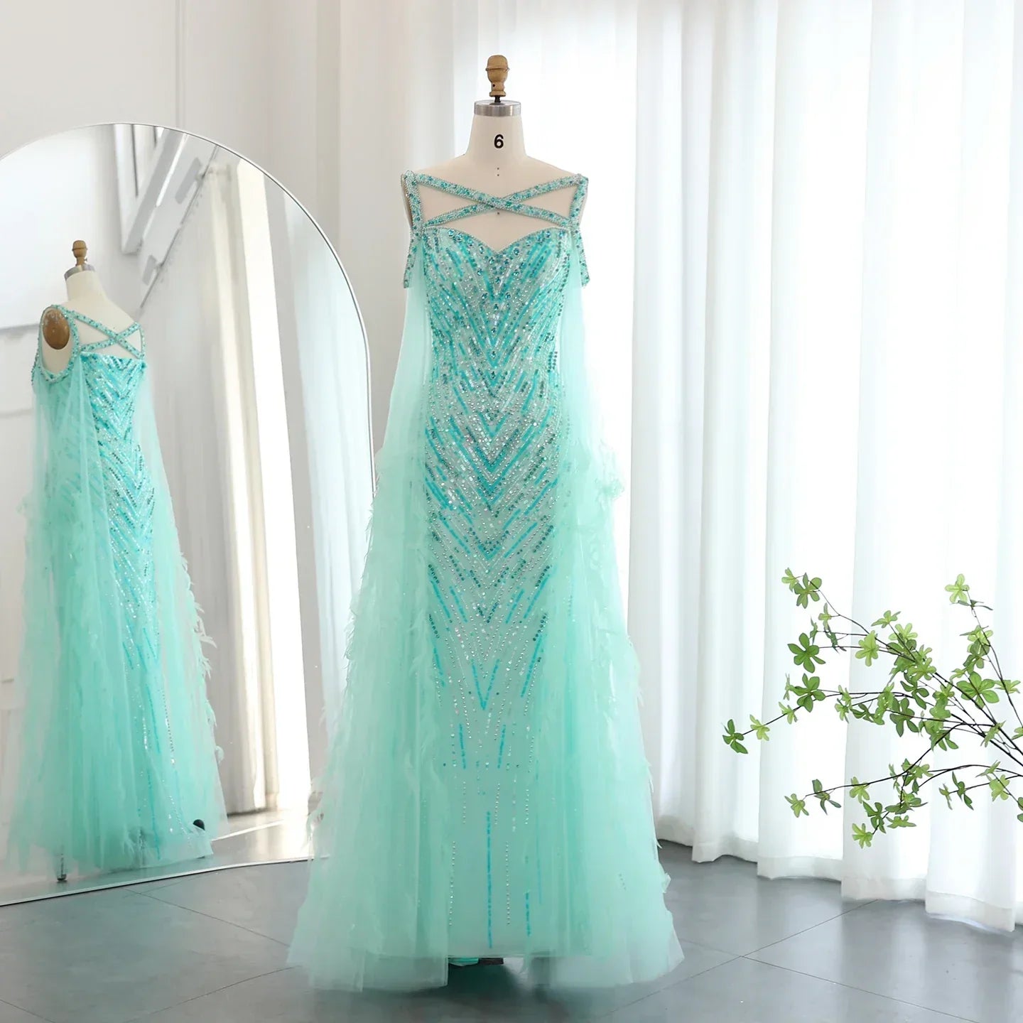 Turquoise Mermaid Evening Gown with Cape Sleeves