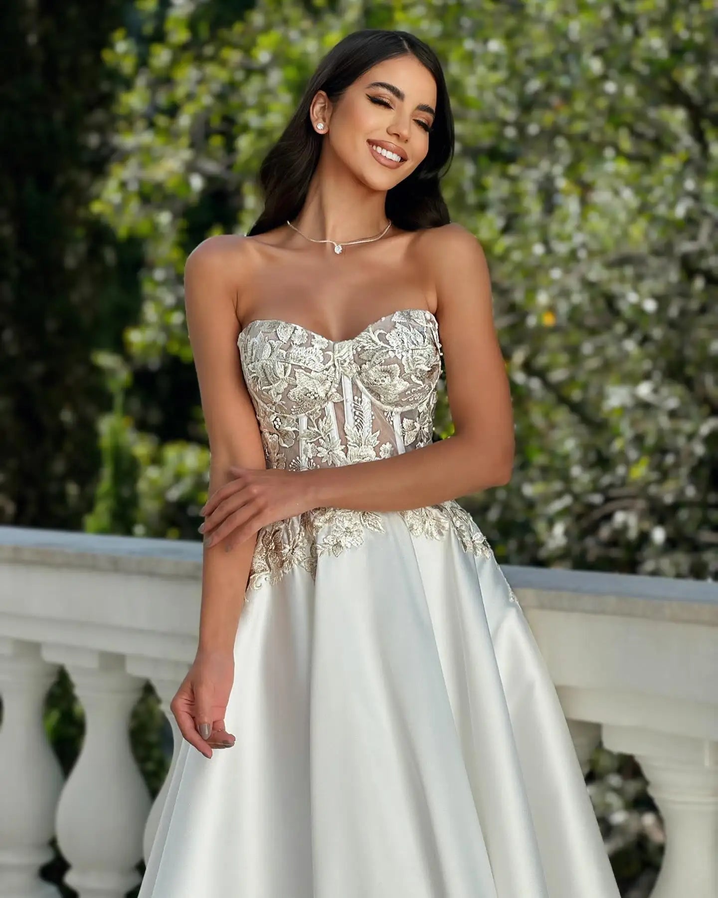 Satin Strapless Floral Applique Corset Ball Gown
