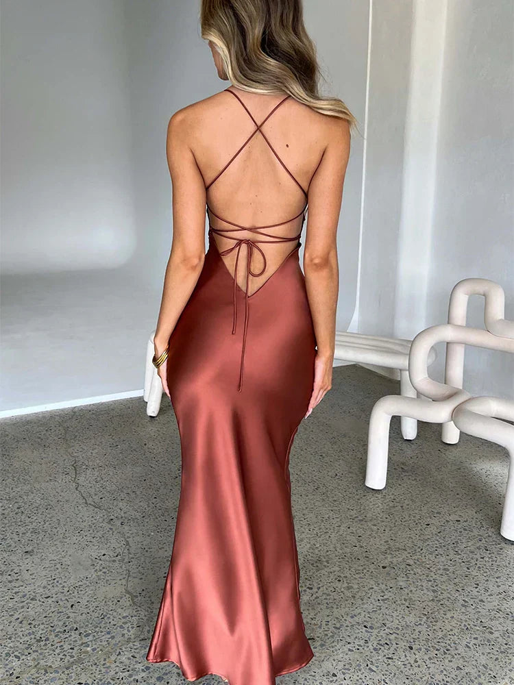Satin Backless Lace Up Mermaid Silk Dress 2
