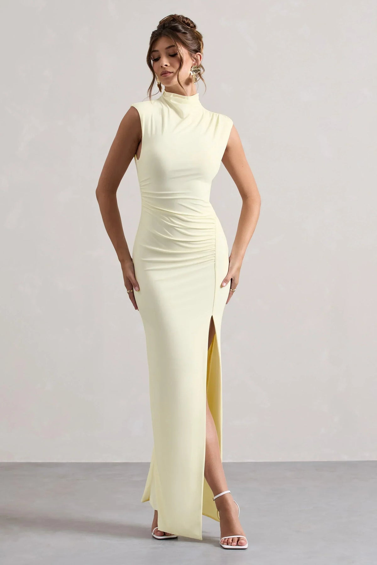 Lanetta | Cream Ruched High-Neck Maxi Dress With Split