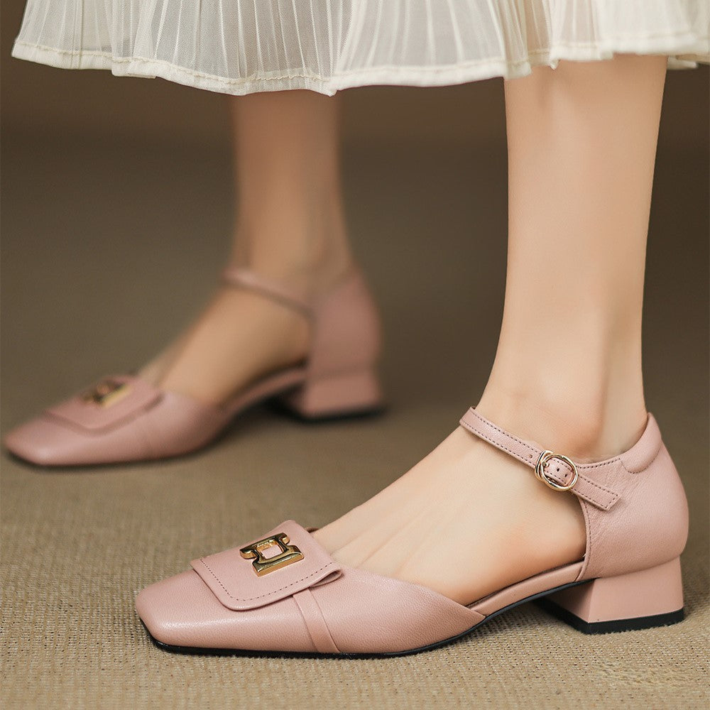 Square Toe Metal Buckle Ankle Strap Block Heel Mary Jane Pumps