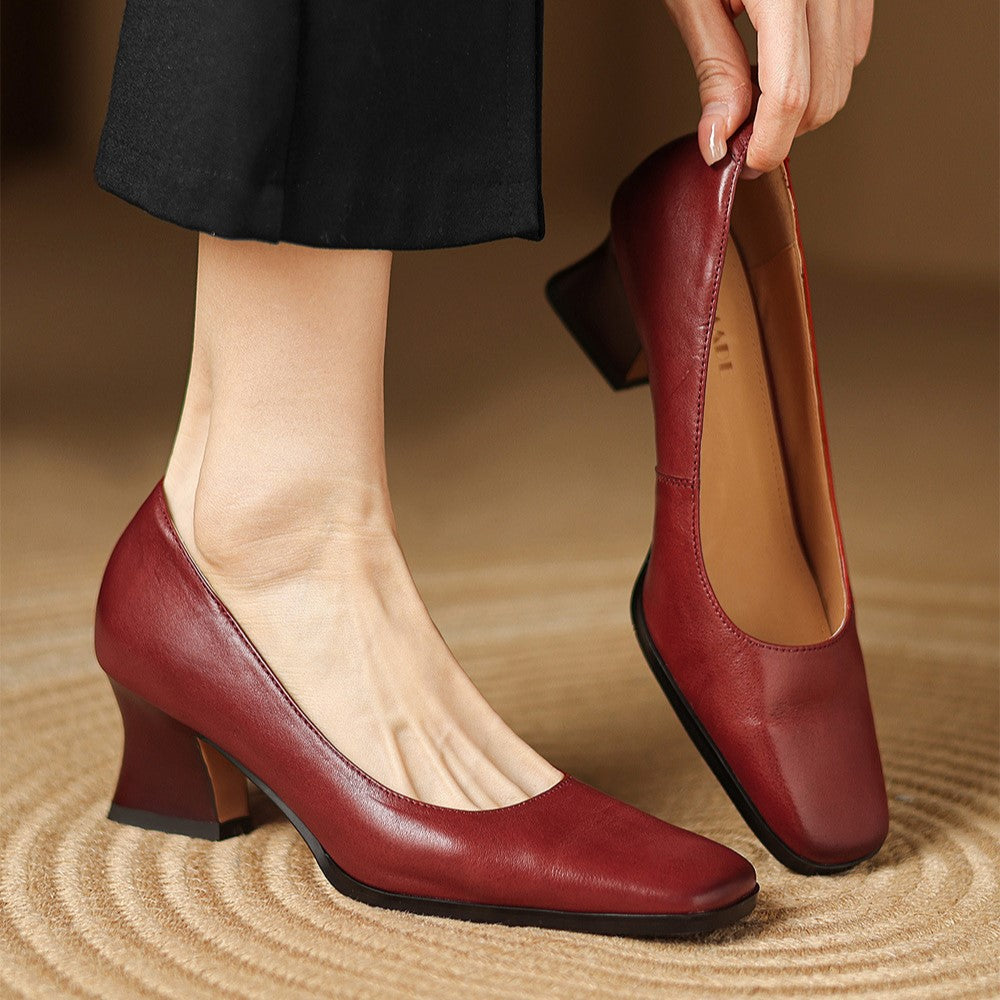 Square Toe Slip On Sculpted Block Heel Pumps
