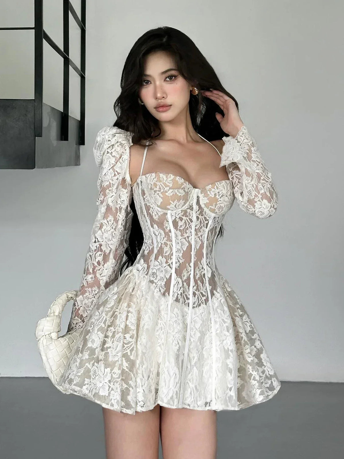 Sheer Floral Lace Puff Long Sleeve Corset Bodice A-Line Mini Dress