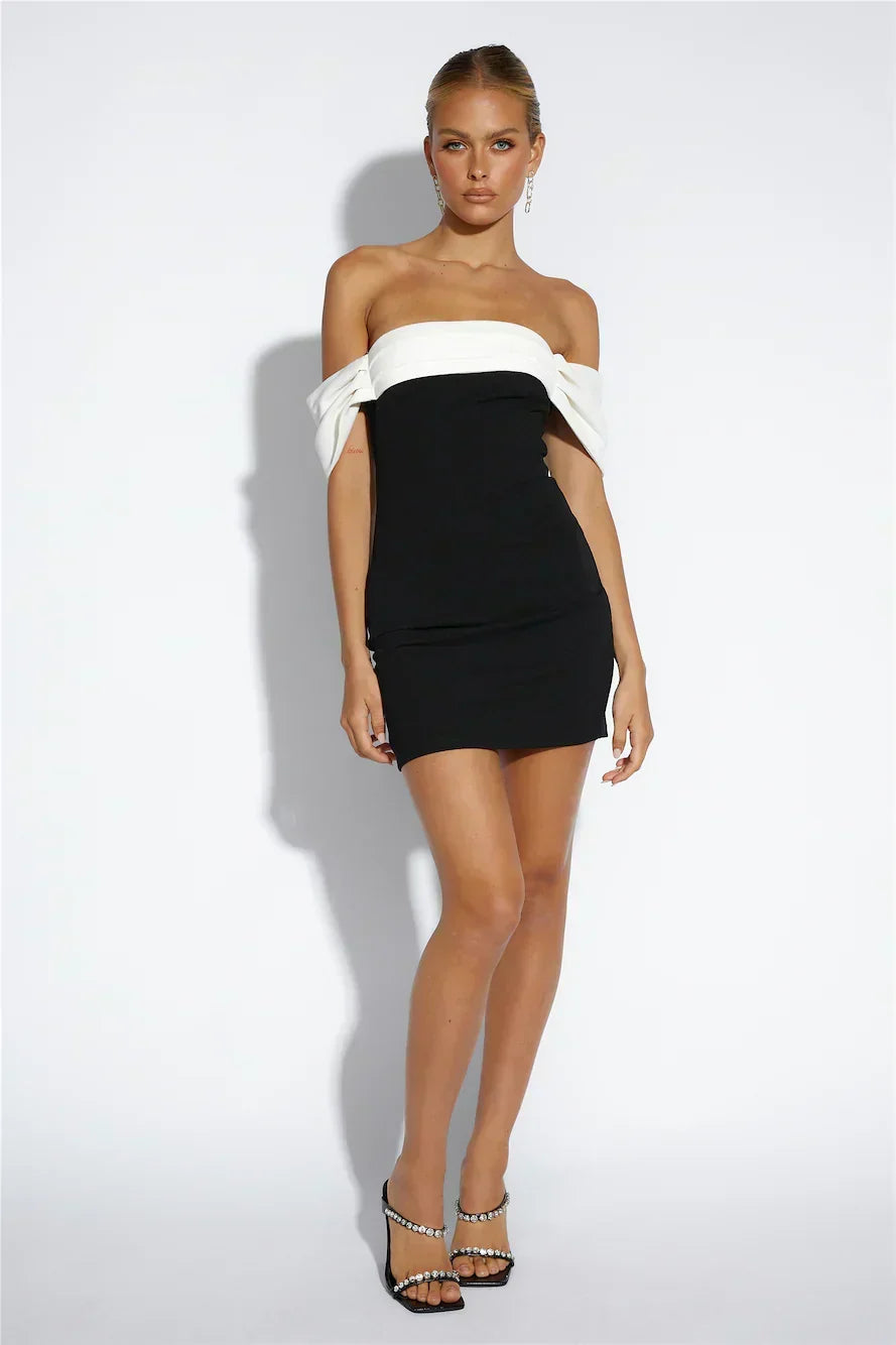 Contrast Fold Over Off Shoulder Bodycon Mini Dress