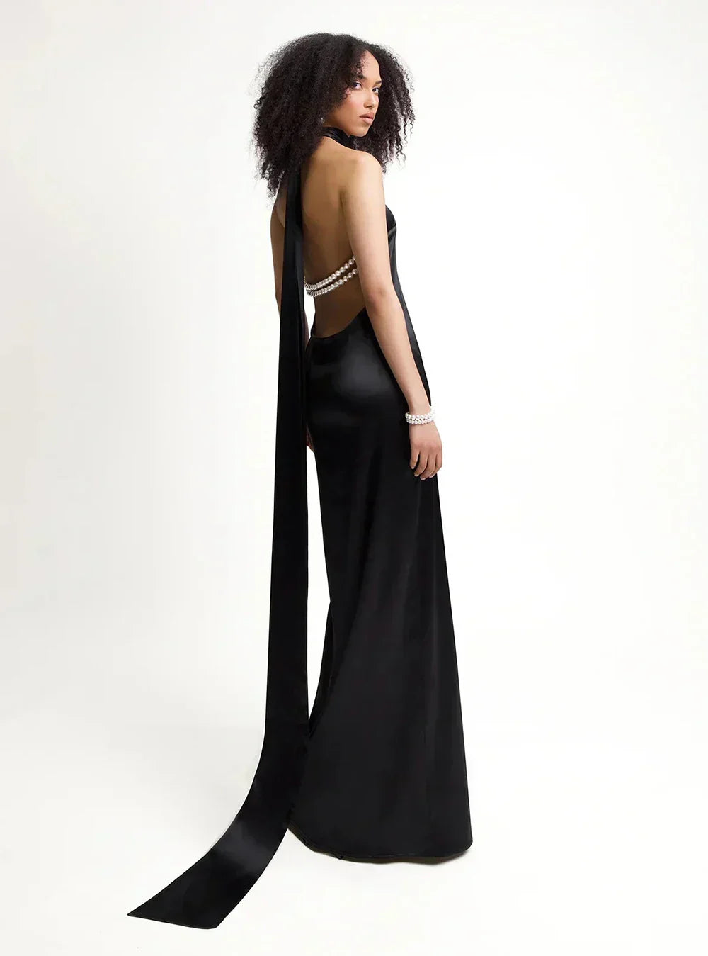 Satin Halter Neck Backless Pearl Strap Maxi Gown