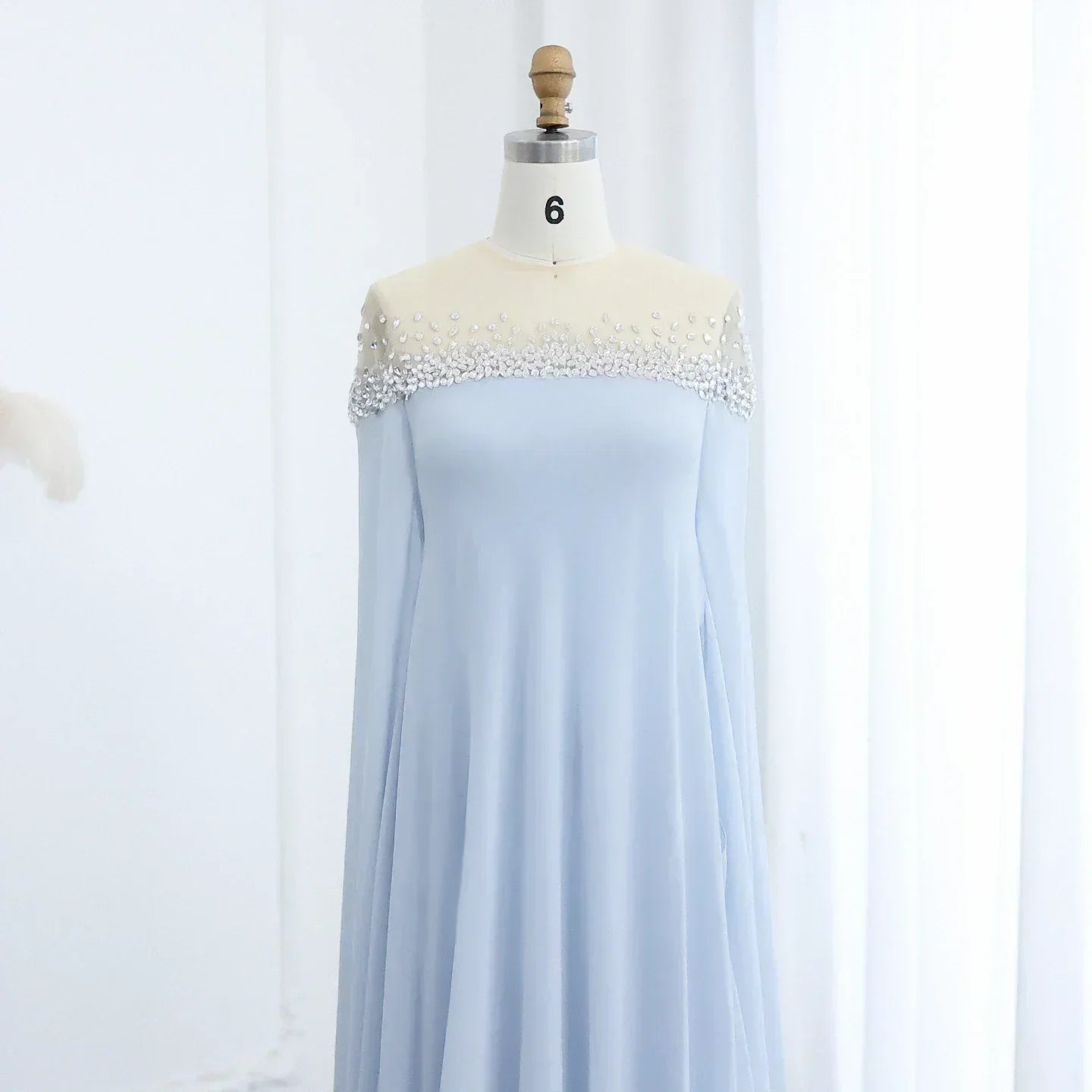 Rhinestone Beaded Illusion Neck Cape Sleeve Chiffon Maxi Gown