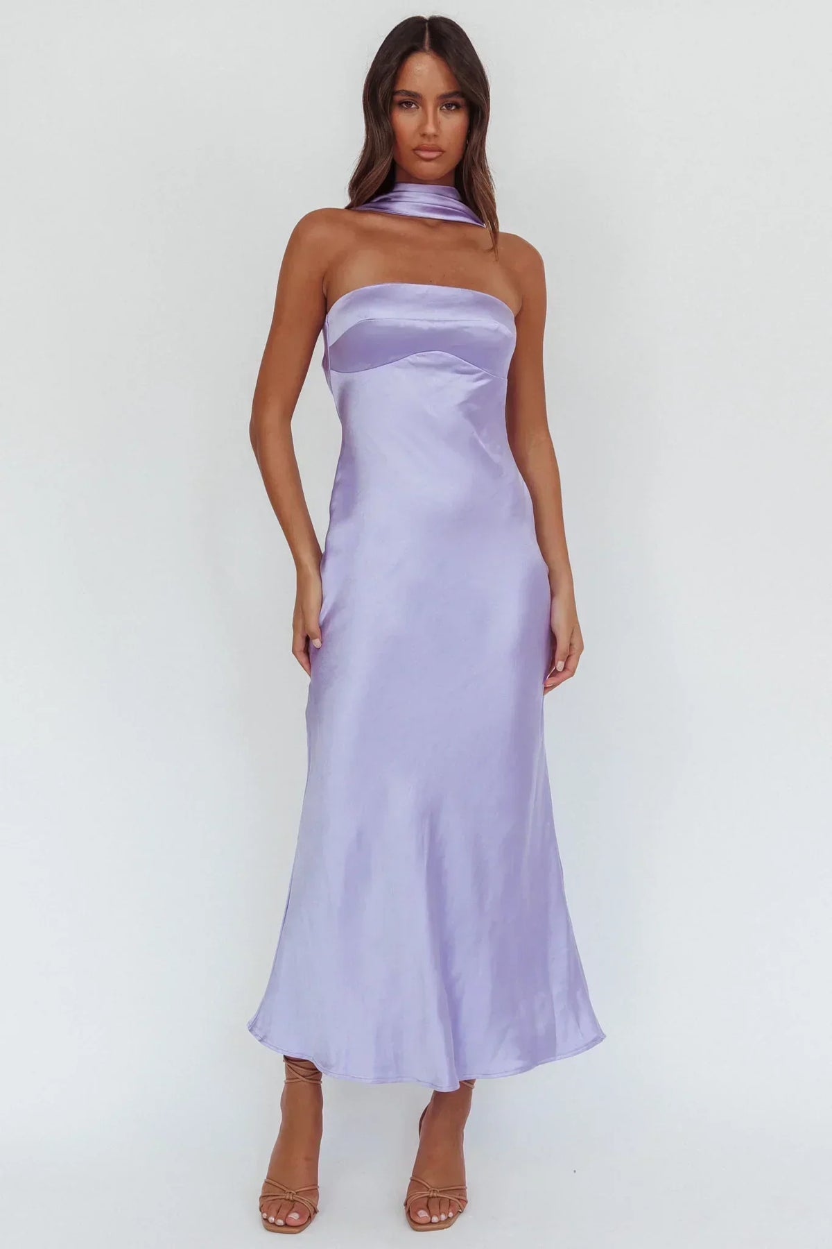 Satin Strapless Scarf Neck Tie Bias Cut Maxi Dress 5