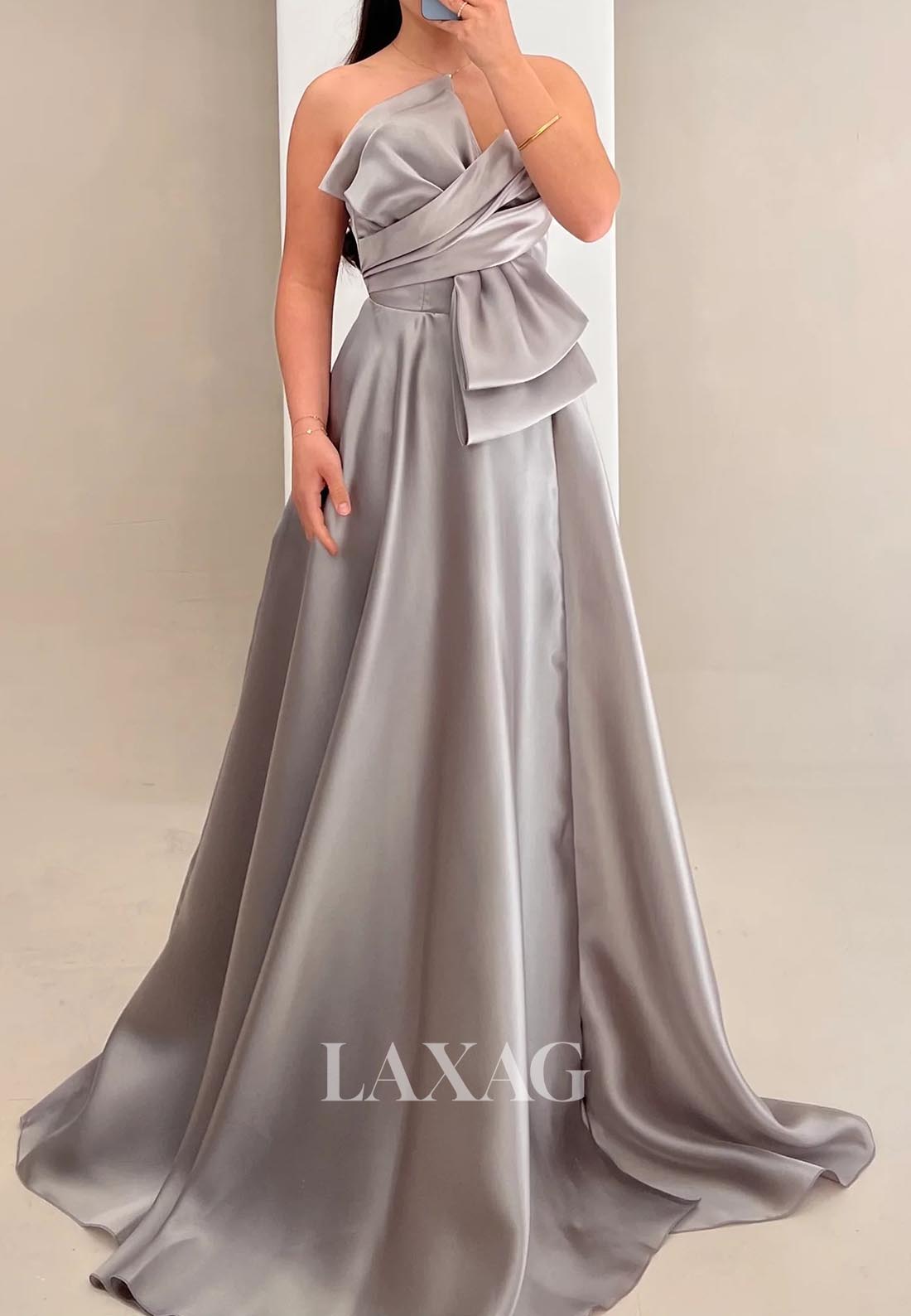 Asymmetrical-Neck Sleeveless A-Line Evening Dress Off-Shoulder Pleated Satin Formal Gowns with Bow