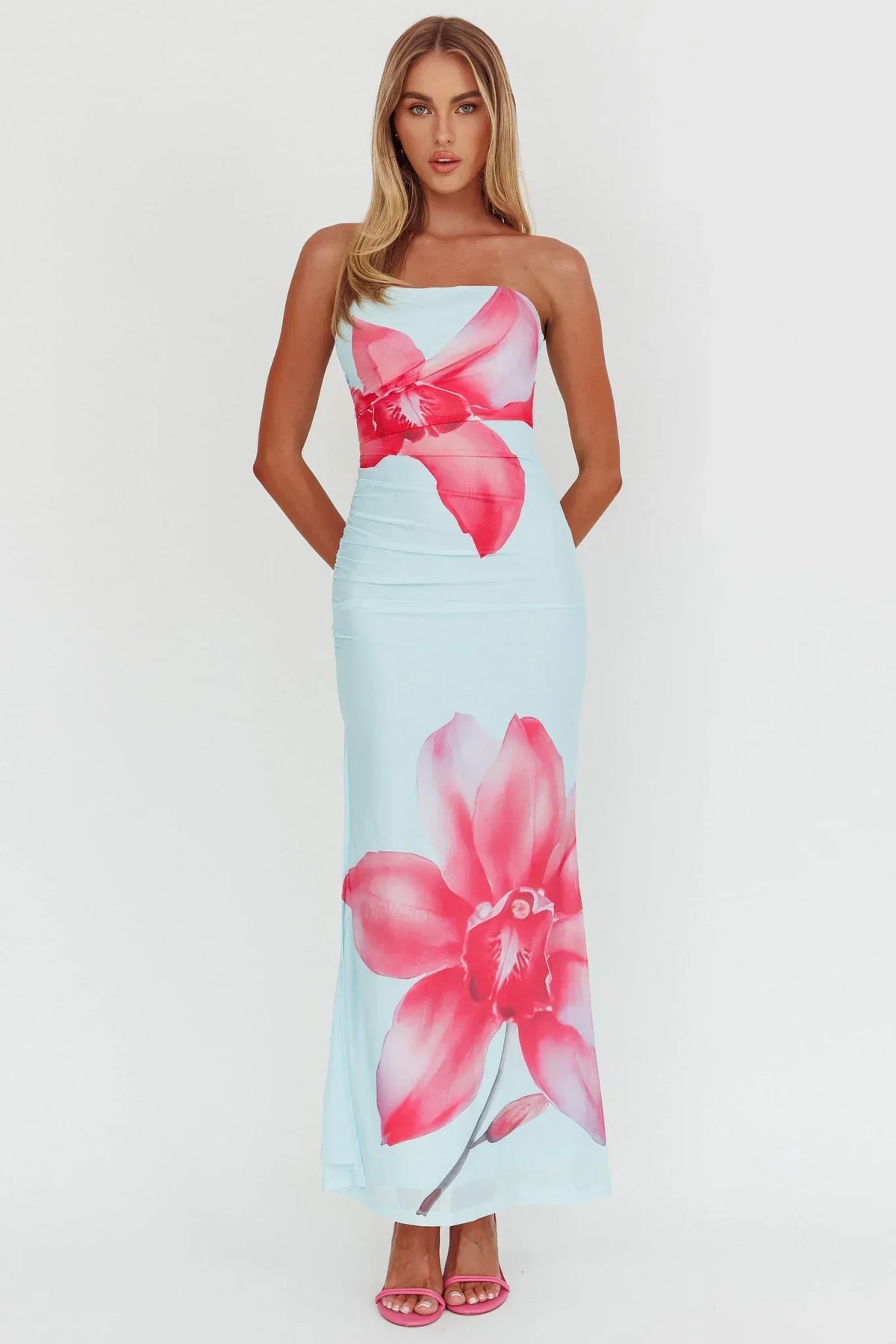 Large Floral Print Strapless Ruched Bodycon Maxi Dress 5