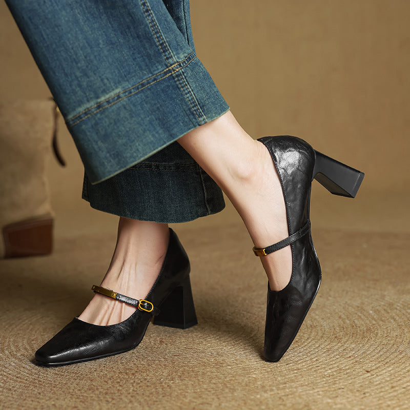 Square Toe Ankle Strap Block Heel Mary Jane Pumps
