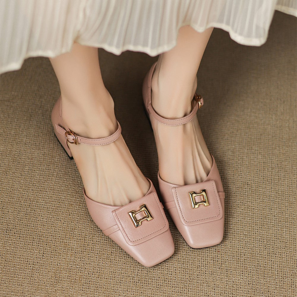 Square Toe Metal Buckle Ankle Strap Block Heel Mary Jane Pumps
