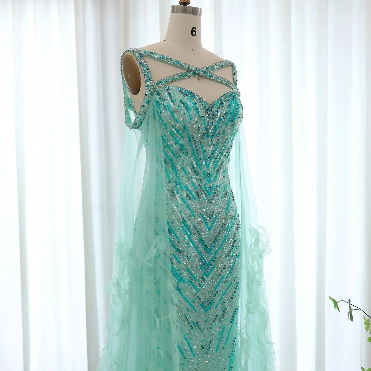 Turquoise Mermaid Evening Gown with Cape Sleeves