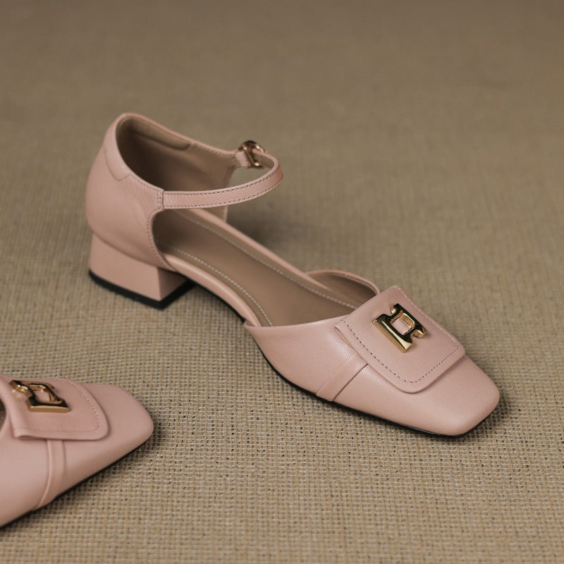 Square Toe Ankle Strap Metal Buckle Block Heel Mary Jane Pumps 3