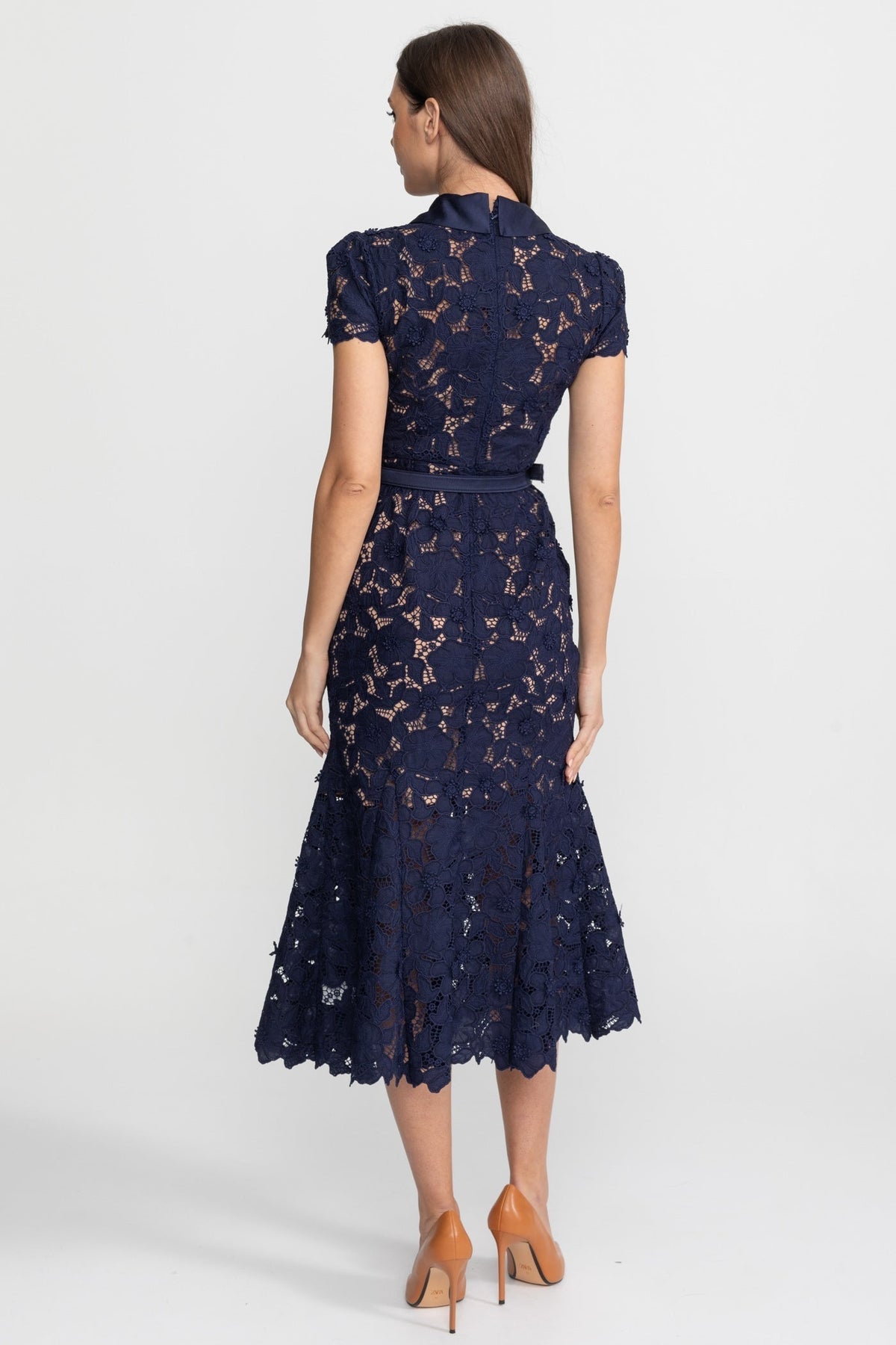 Floral Lace Satin Collar Short Sleeve Belted Flared Hem Midi Dress 5